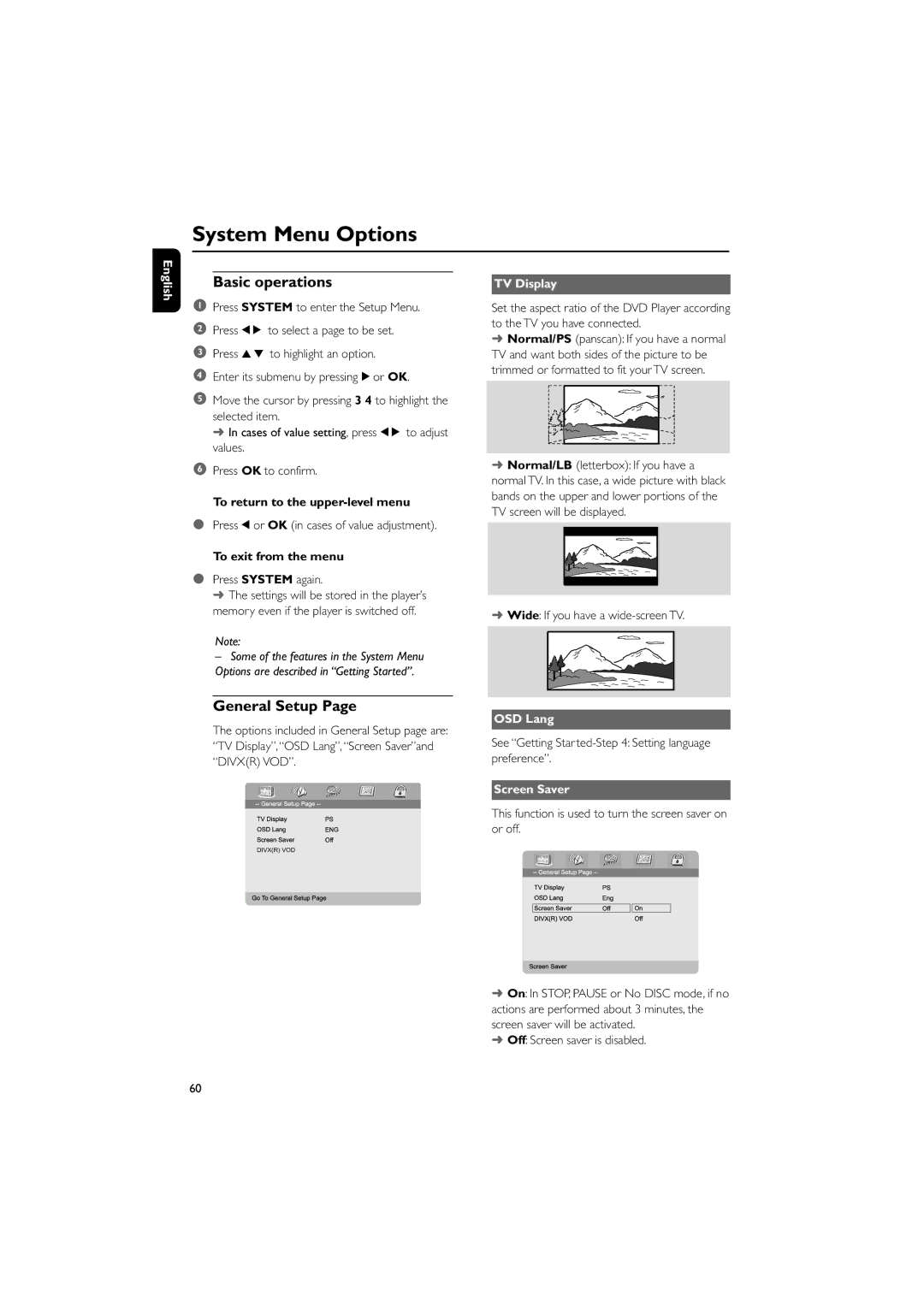 Philips MCD706/93 manual System Menu Options, Basic operations, General Setup 