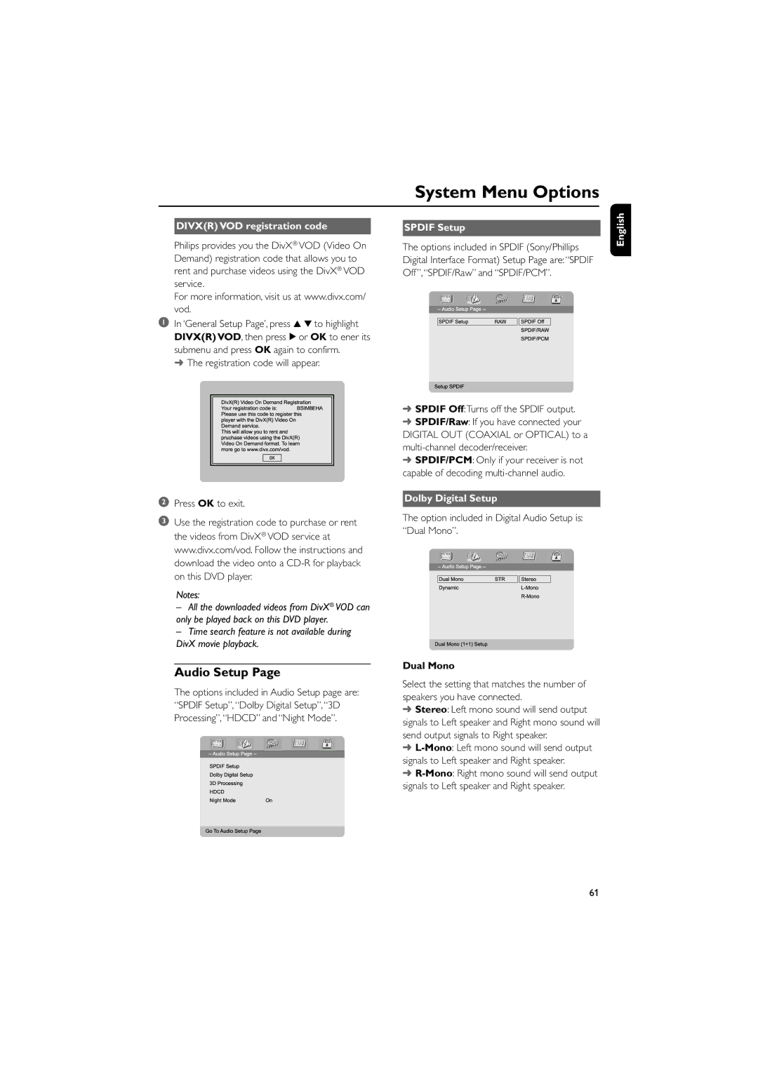 Philips MCD706/93 manual Audio Setup, Divxr VOD registration code, Dolby Digital Setup, Dual Mono 