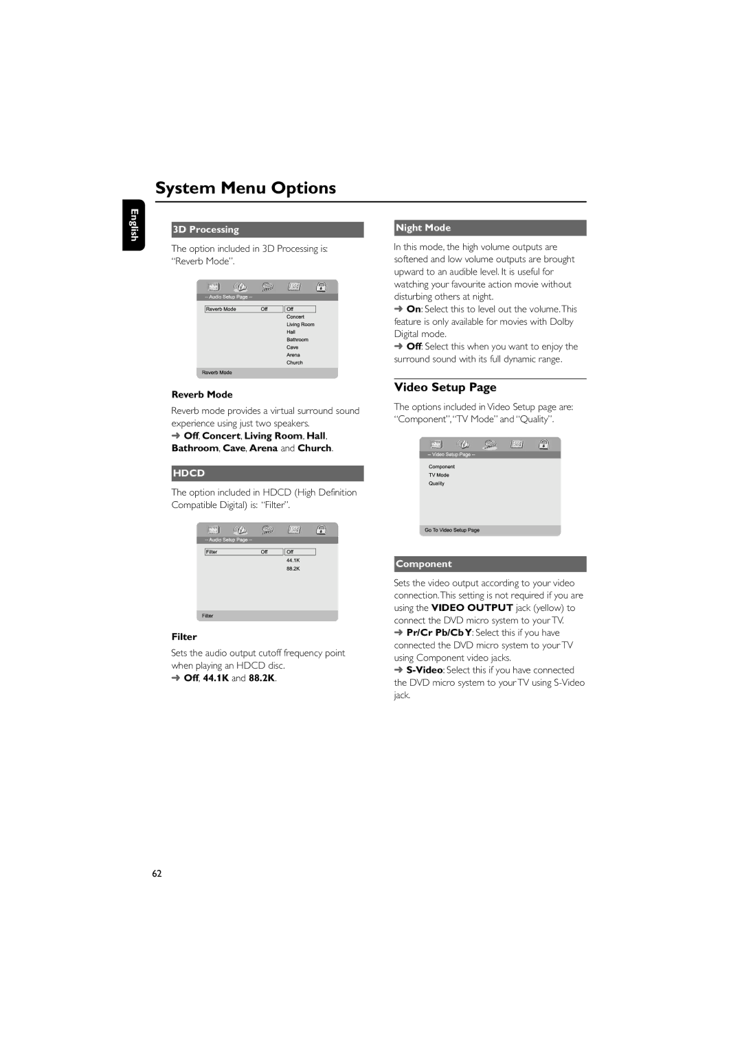 Philips MCD706/93 manual Video Setup, English 3D Processing, Night Mode, Component 