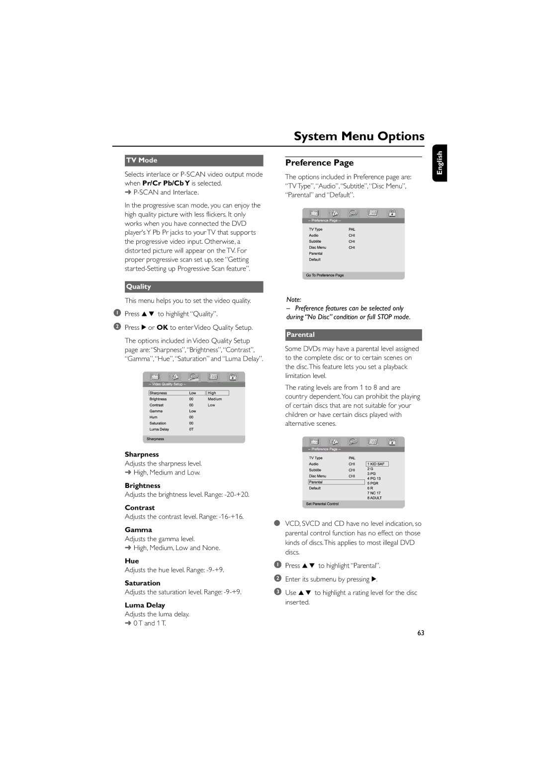 Philips MCD706/93 manual Preference, TV Mode, Quality, Parental 