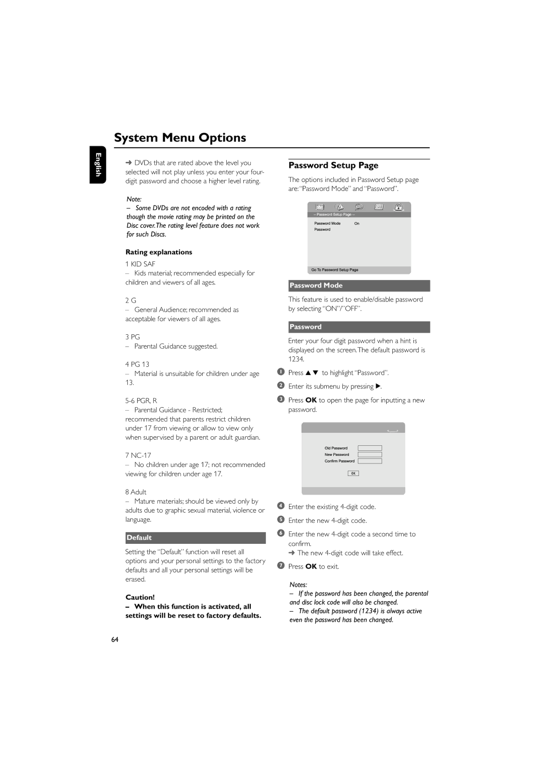 Philips MCD706/93 manual Password Setup, Rating explanations, Default, Password Mode 