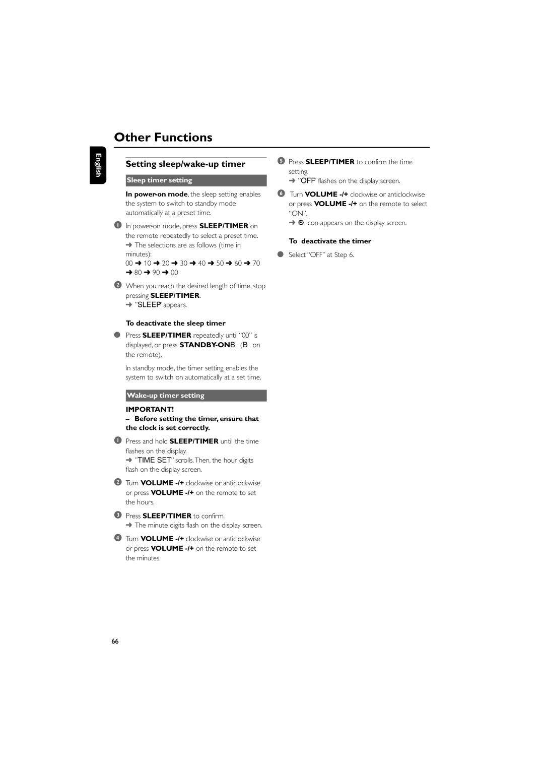 Philips MCD706/93 Setting sleep/wake-up timer, Sleep timer setting, To deactivate the sleep timer, Wake-up timer setting 