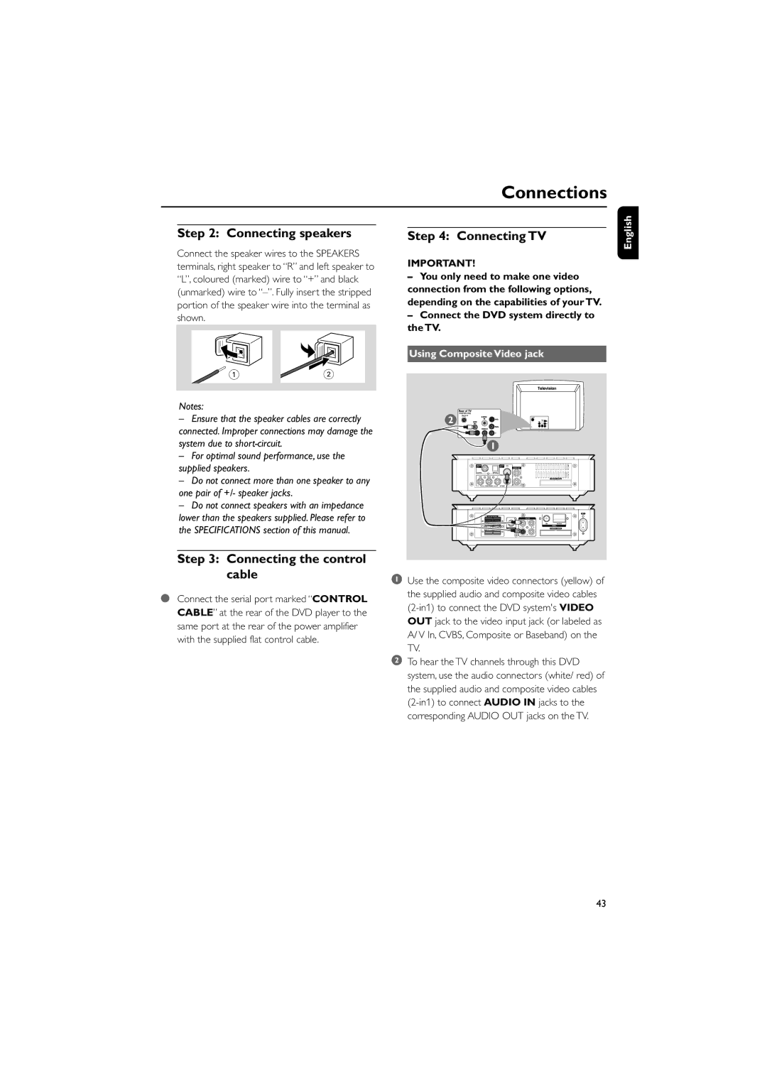 Philips MCD706/93 manual Connecting speakers, Connecting the control cable, Connecting TV, Using Composite Video jack 