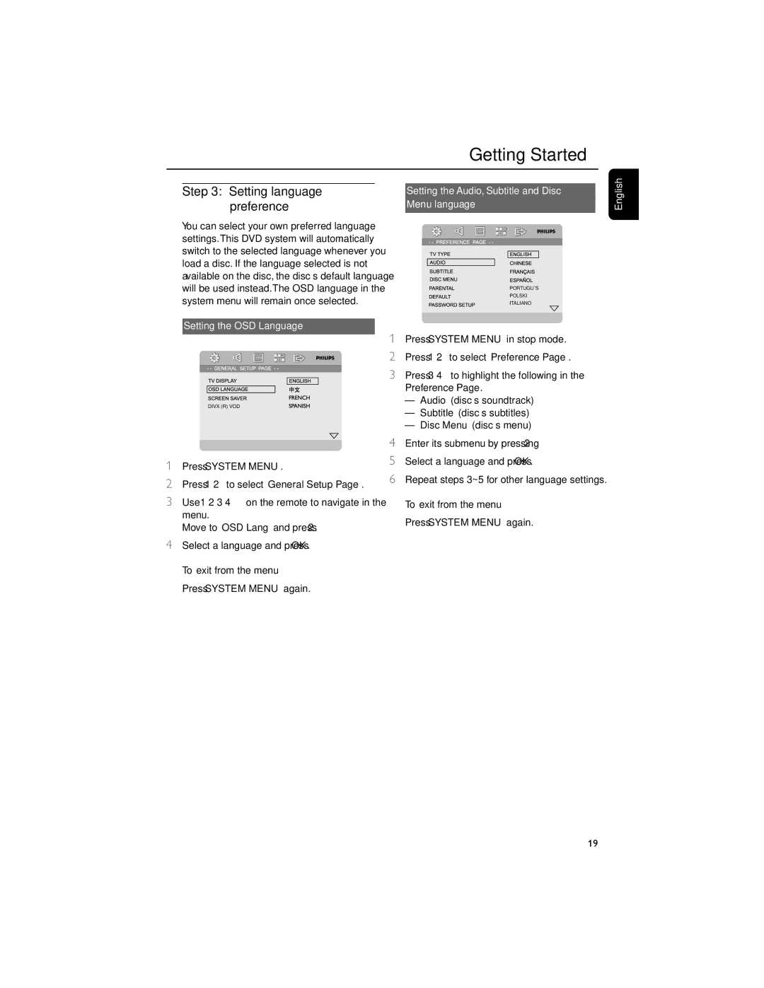 Philips MCD706/98 manual Setting language preference, Setting the OSD Language, Press System Menu, To exit from the menu 