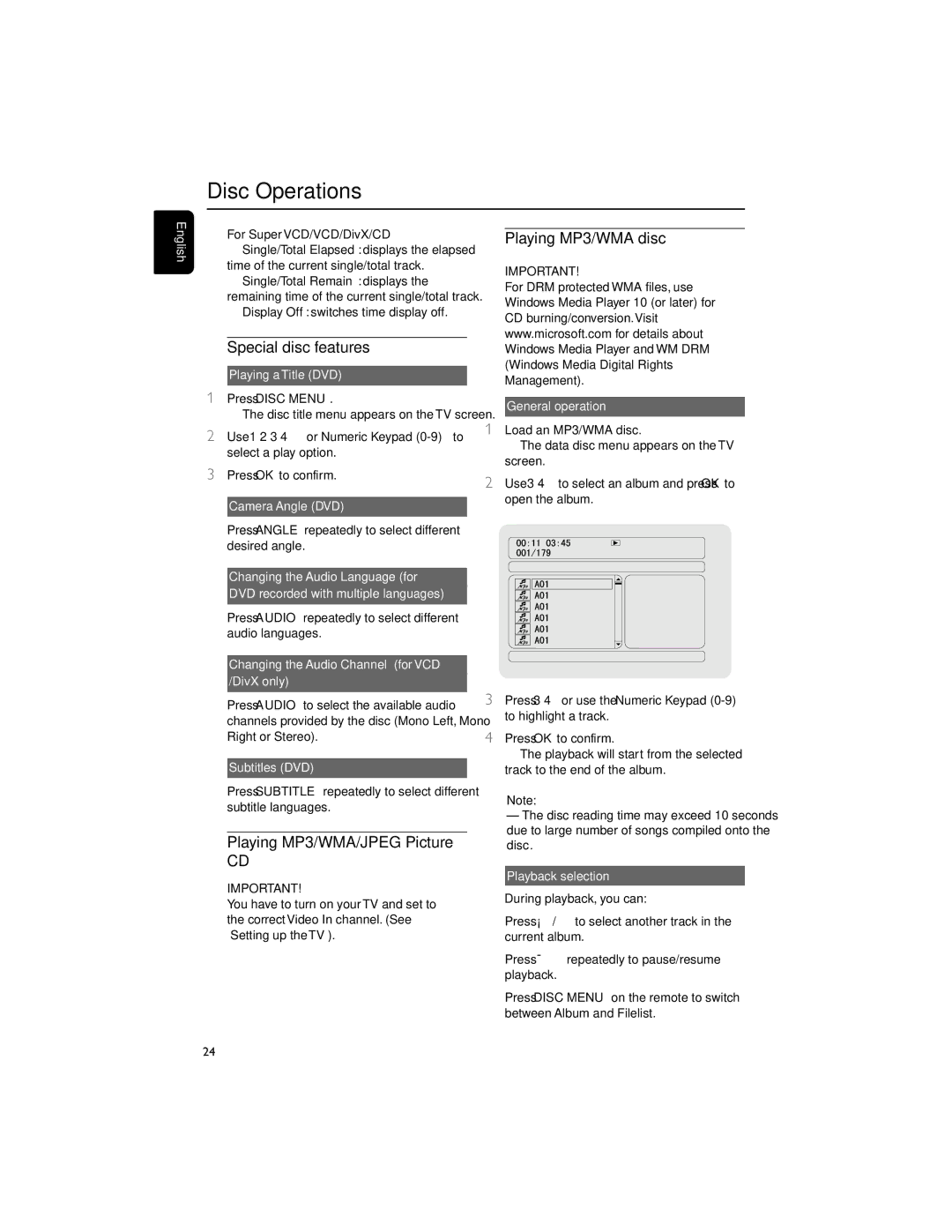 Philips MCD706/98 manual Special disc features, Playing MP3/WMA/JPEG Picture, Playing MP3/WMA disc 