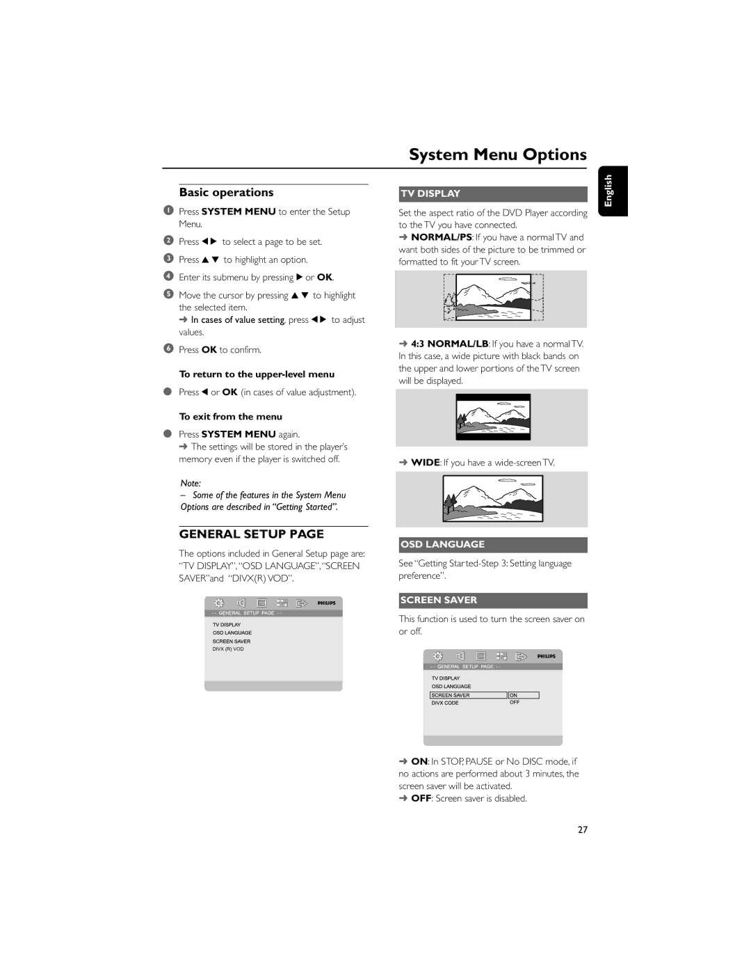 Philips MCD706/98 manual System Menu Options, Basic operations, TV Display, OSD Language, Screen Saver 