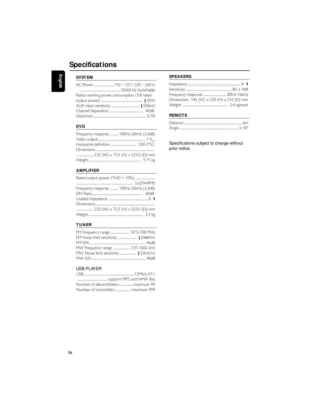 Philips MCD706/98 manual Specifications 