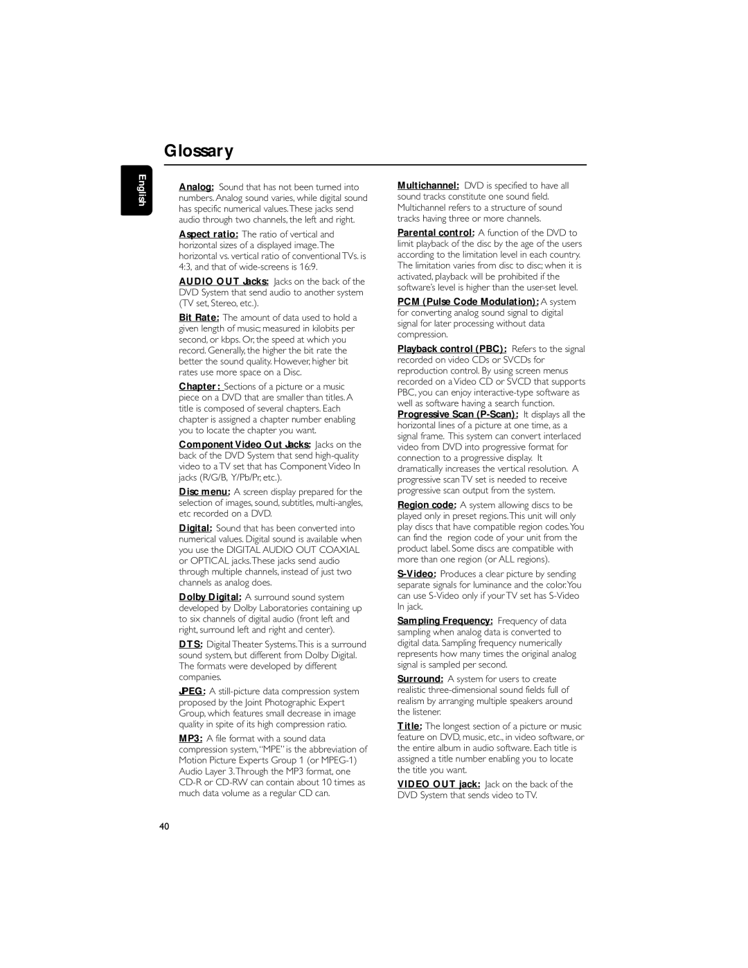 Philips MCD706/98 manual Glossary 