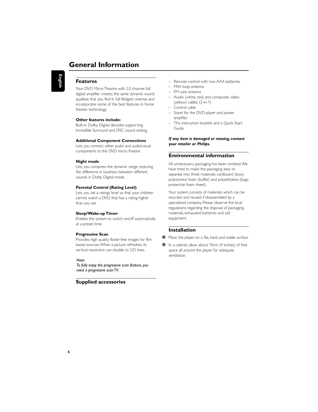 Philips MCD706/98 manual General Information, Features, Environmental information, Installation, Supplied accessories 