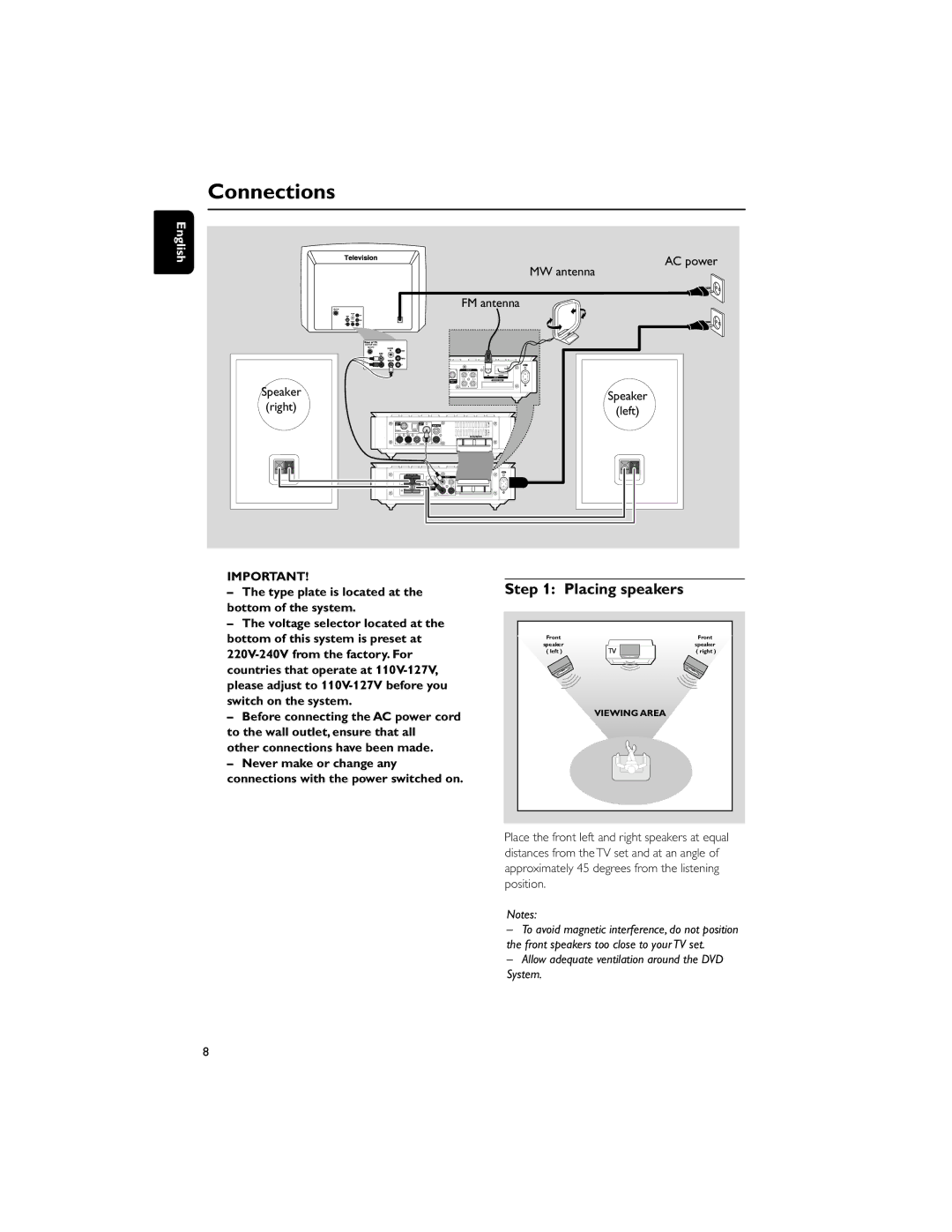 Philips MCD706/98 Connections, Placing speakers, MW antenna, FM antenna, Type plate is located at the bottom of the system 