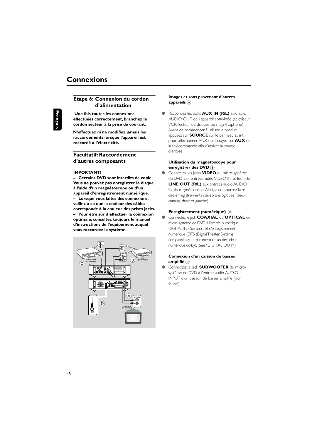 Philips MCD708 user manual Facultatif Raccordement dÕautres composants, Images et sons provenant dÕautres appareils a 