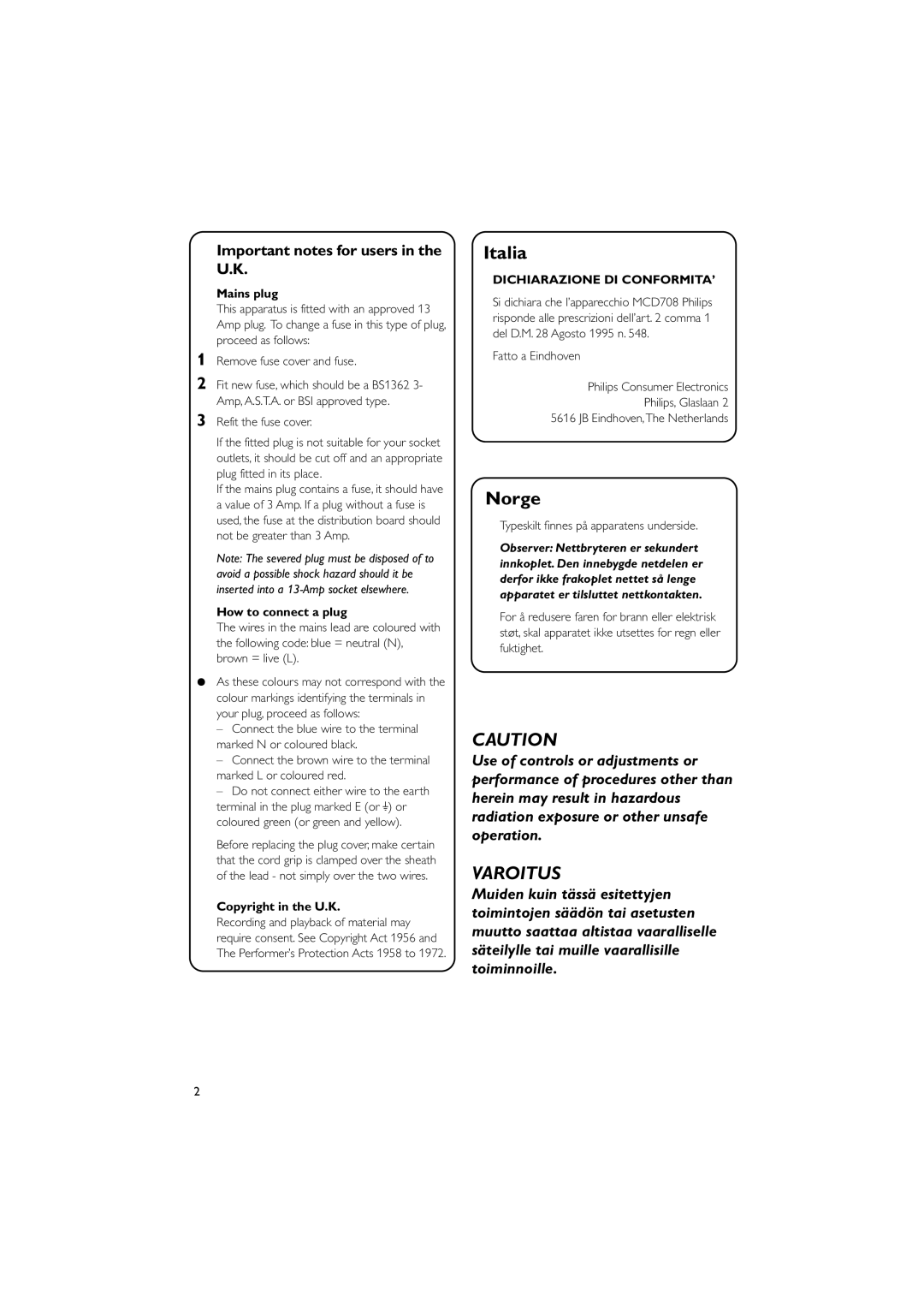 Philips MCD708 user manual Important notes for users in the U.K, Mains plug, How to connect a plug, Copyright in the U.K 