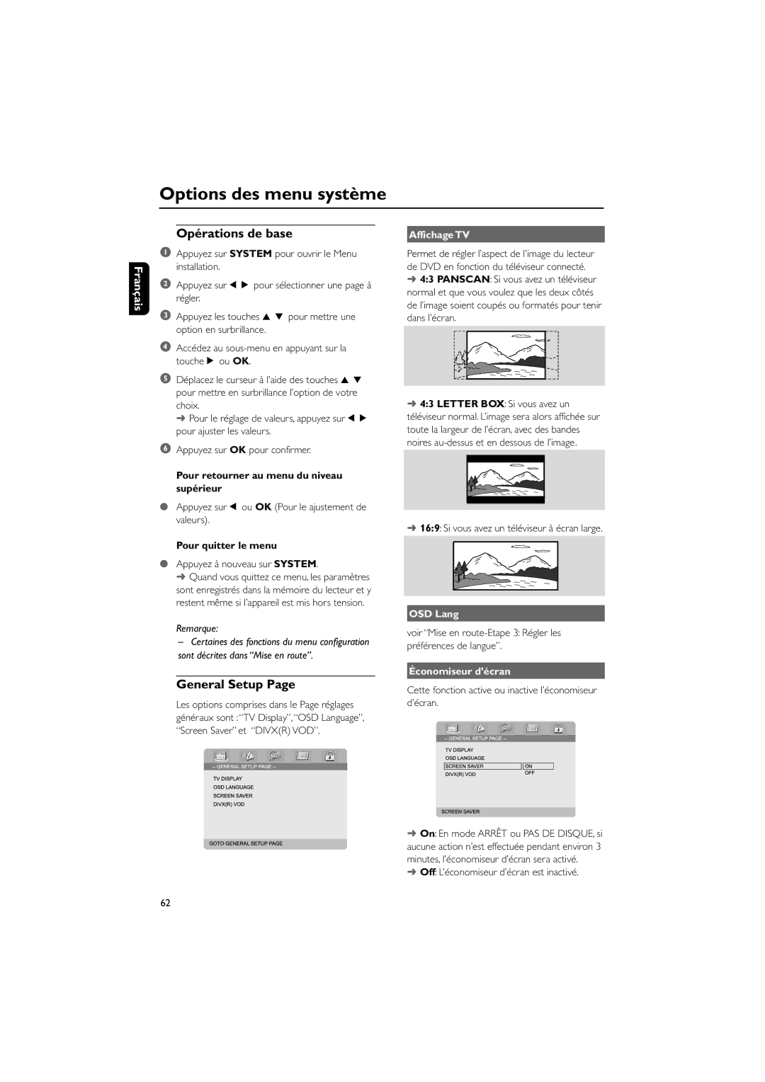 Philips MCD708 user manual Options des menu systme, OpŽrations de base, General Setup 