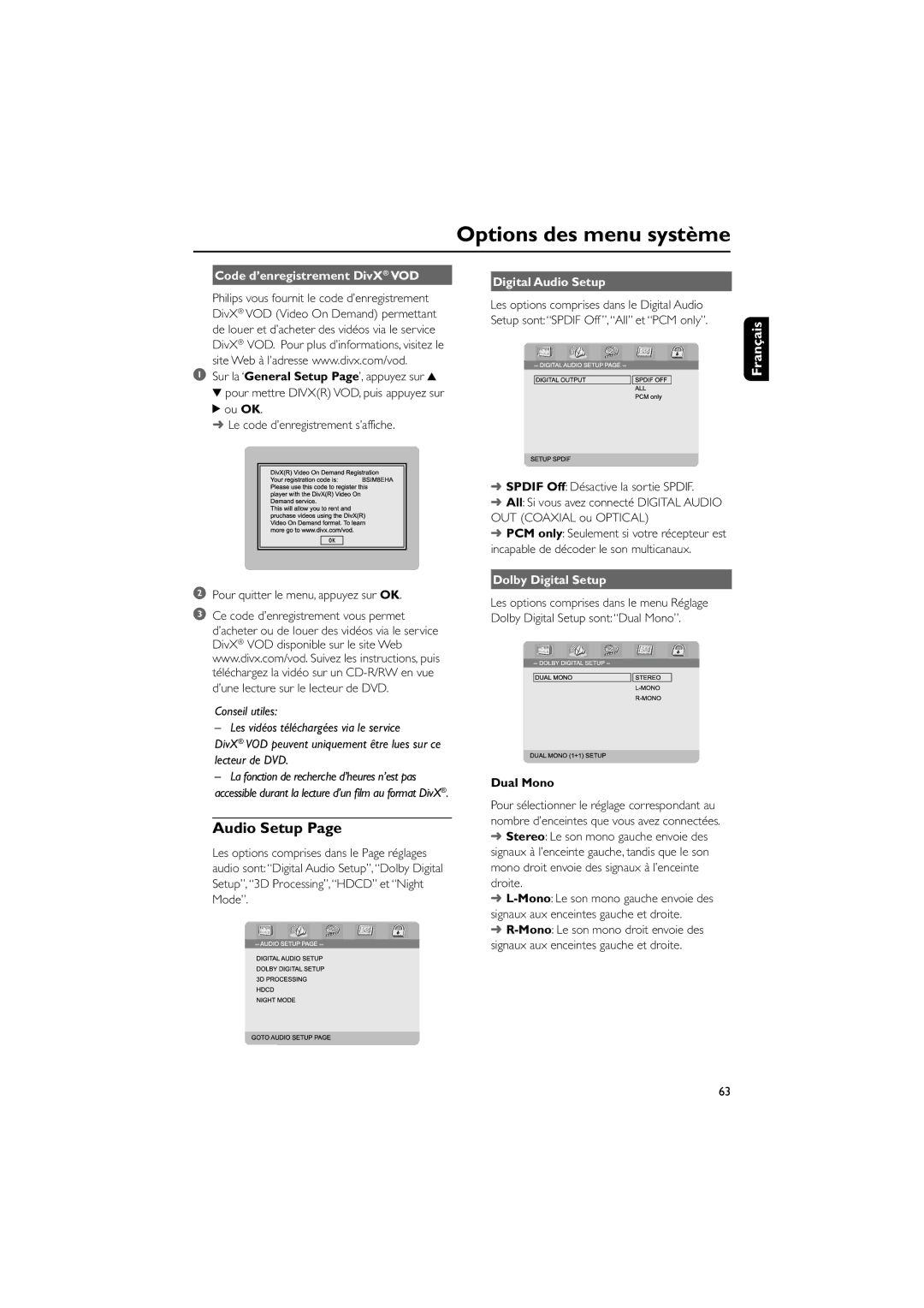 Philips MCD708 user manual Audio Setup, Code dÕenregistrement DivX ¨ VOD, Dolby Digital Setup, Dual Mono 