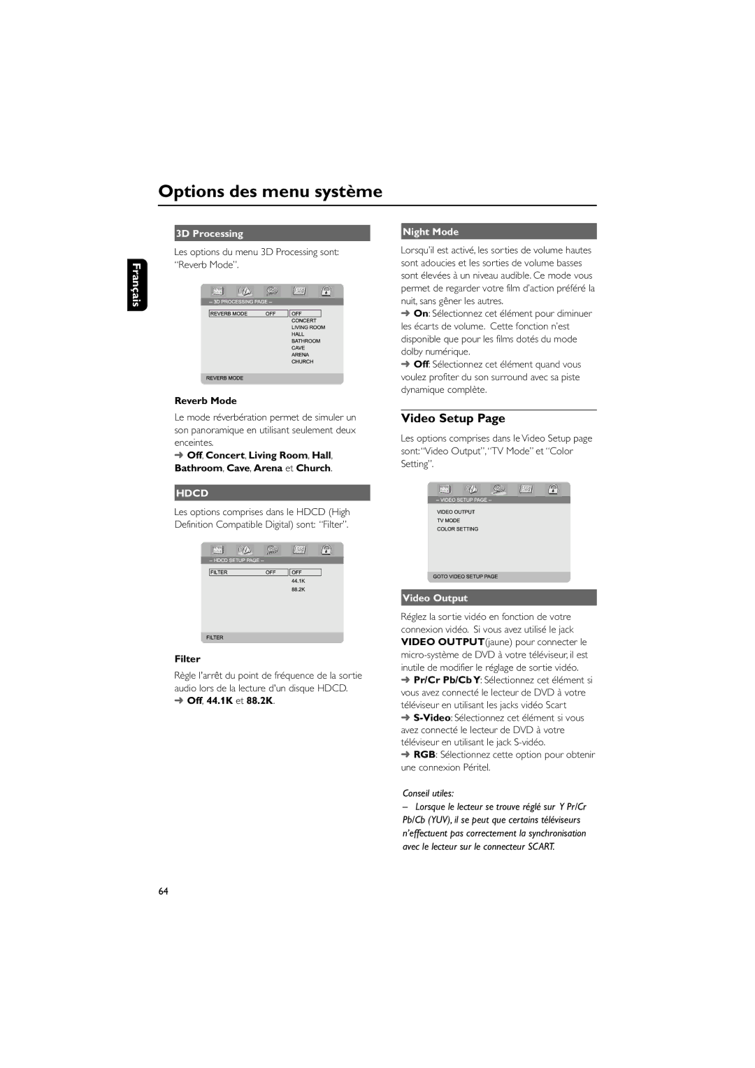 Philips MCD708 user manual Video Setup, 3D Processing, Night Mode, Video Output 