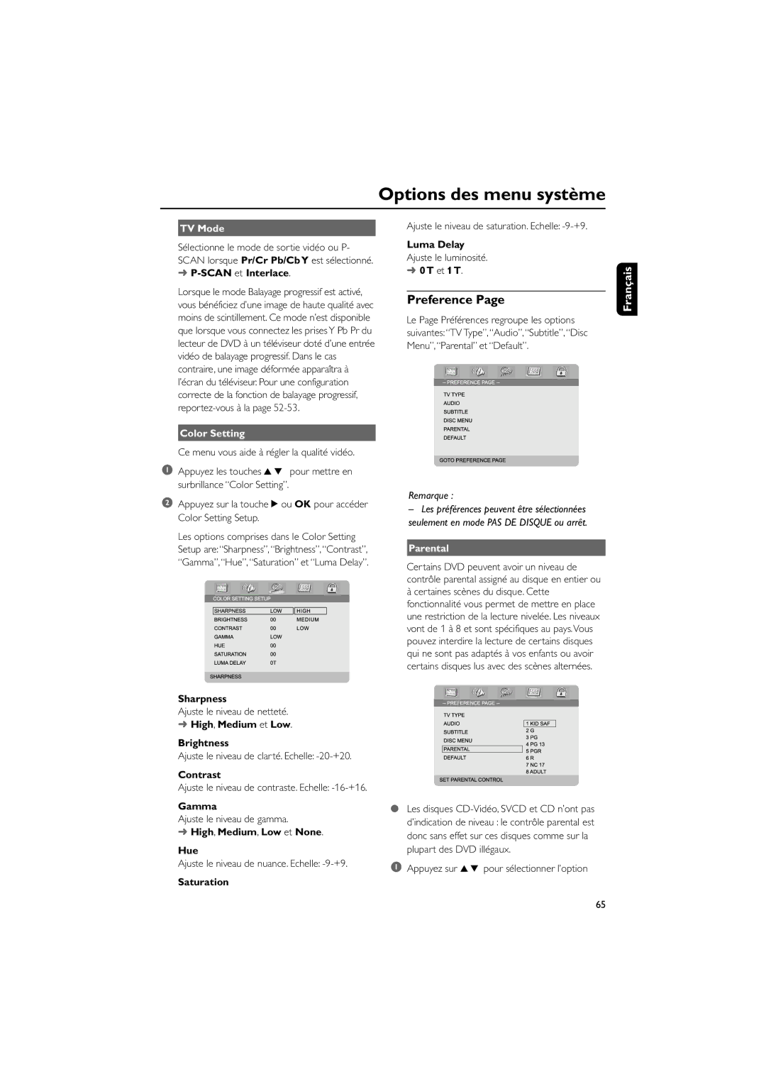 Philips MCD708 user manual Preference, TV Mode, Color Setting, Parental 