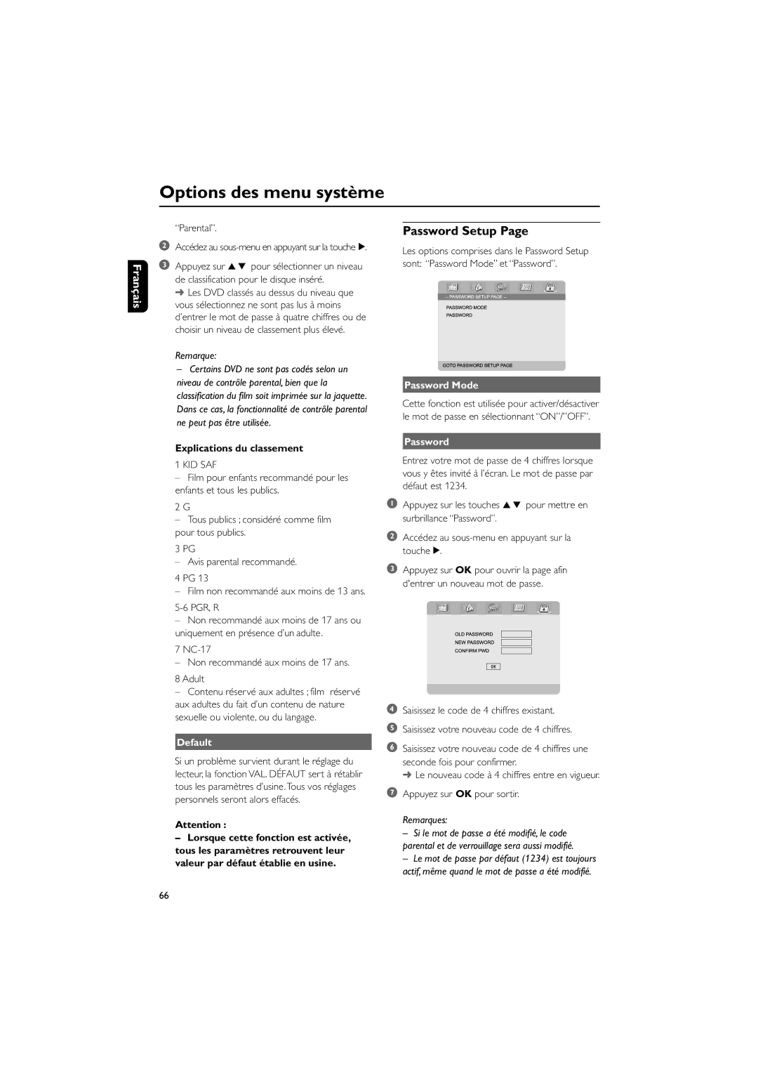 Philips MCD708 user manual Password Setup, Explications du classement, Default, Password Mode 