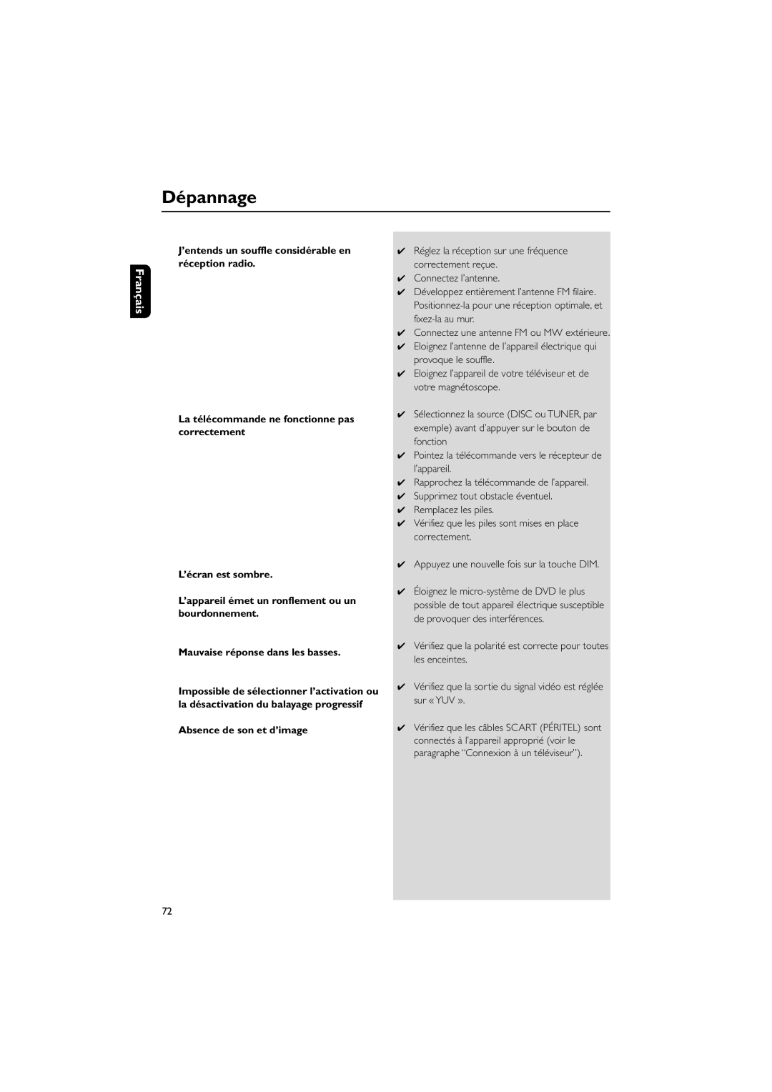 Philips MCD708 user manual Absence de son et dÕimage 