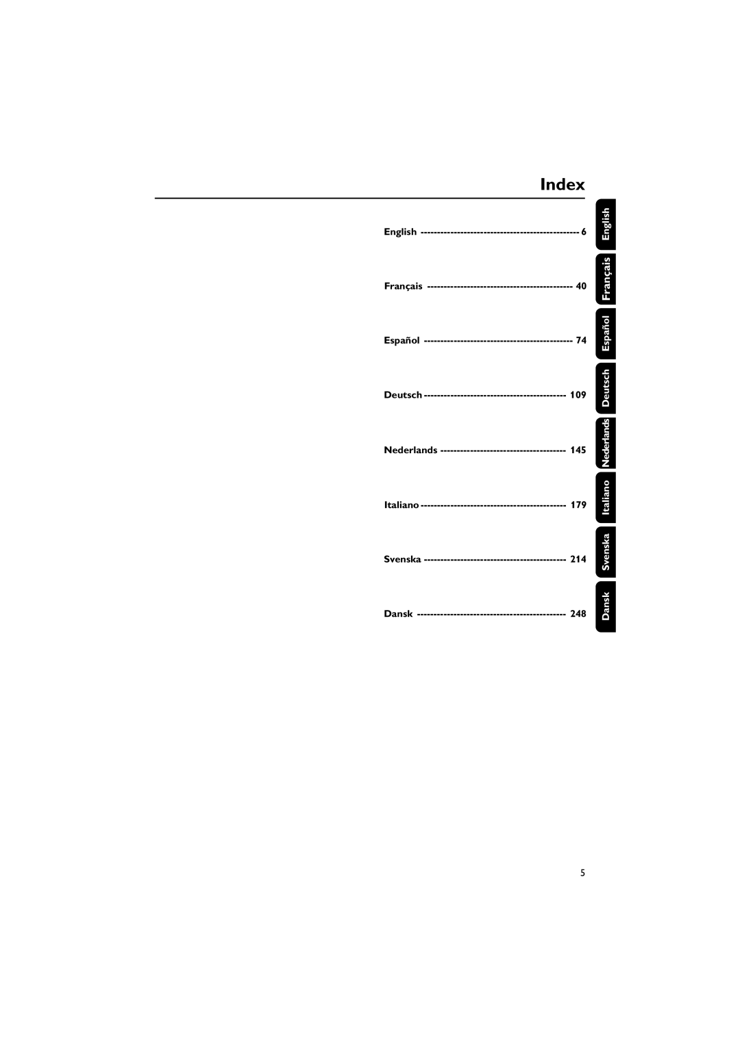 Philips MCD708 user manual Index, English, Espa ol Dansk Svenska Italiano Nederlands Deutsch 