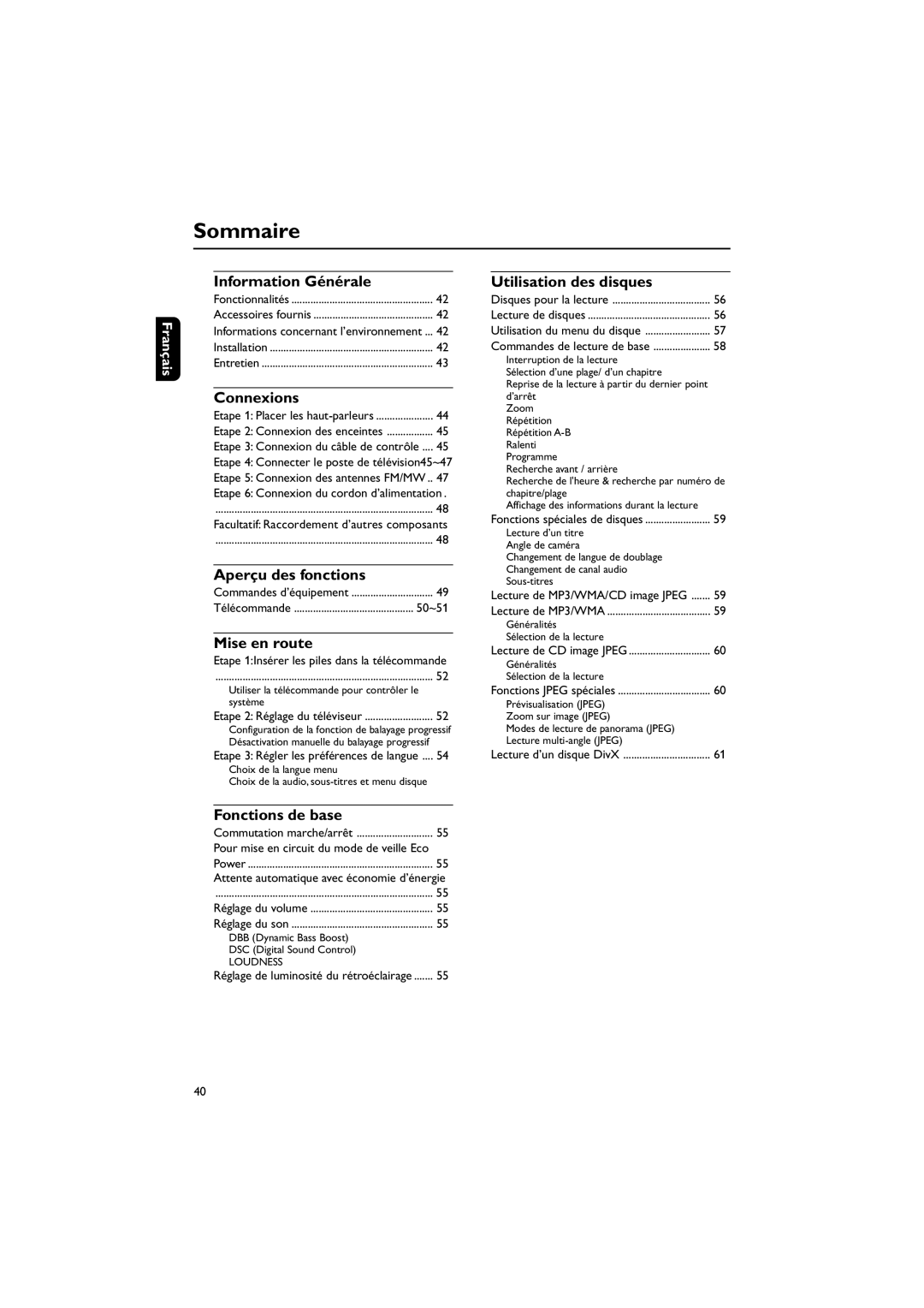 Philips MCD708 user manual Sommaire 