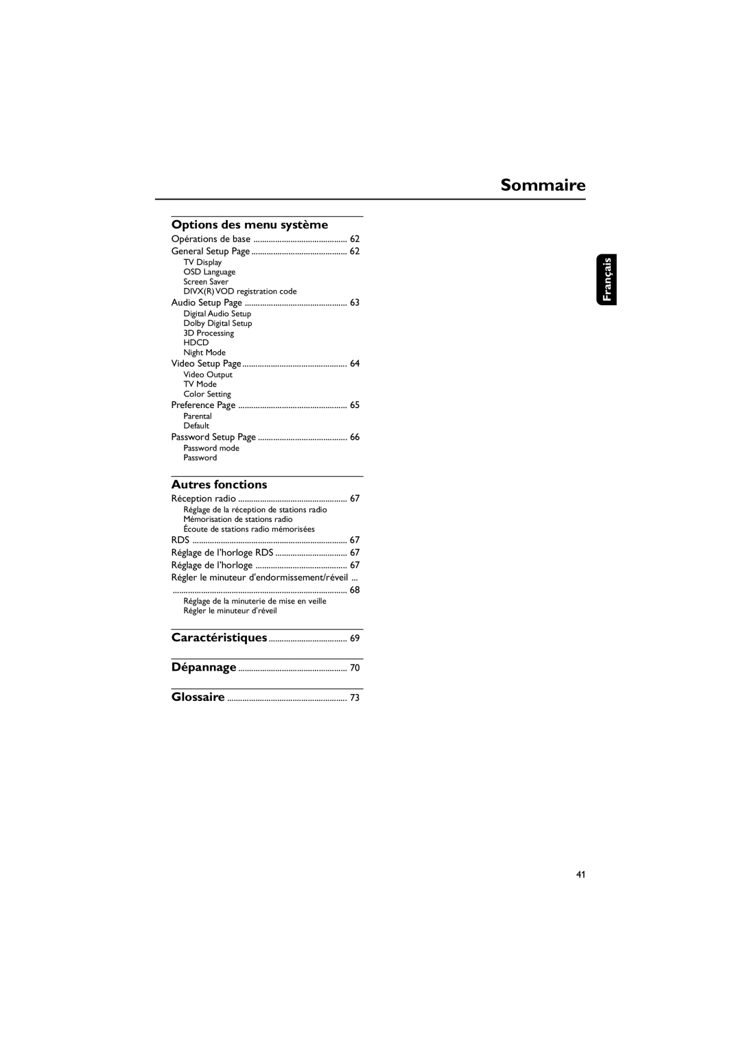 Philips MCD708 user manual Options des menu systme, Autres fonctions 