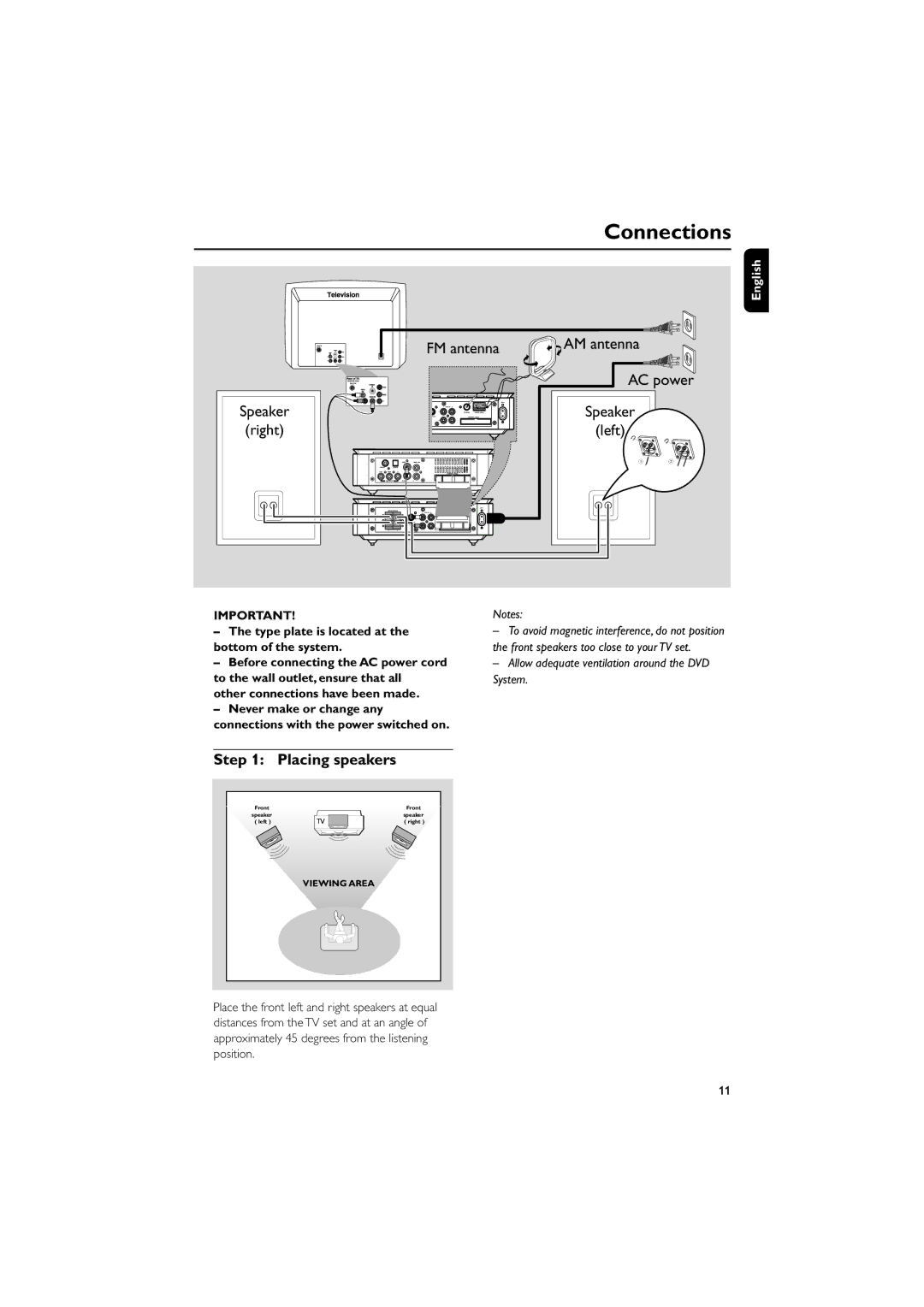 Philips MCD708 owner manual Connections, Step, Speaker, Type plate is located at the bottom of the system 