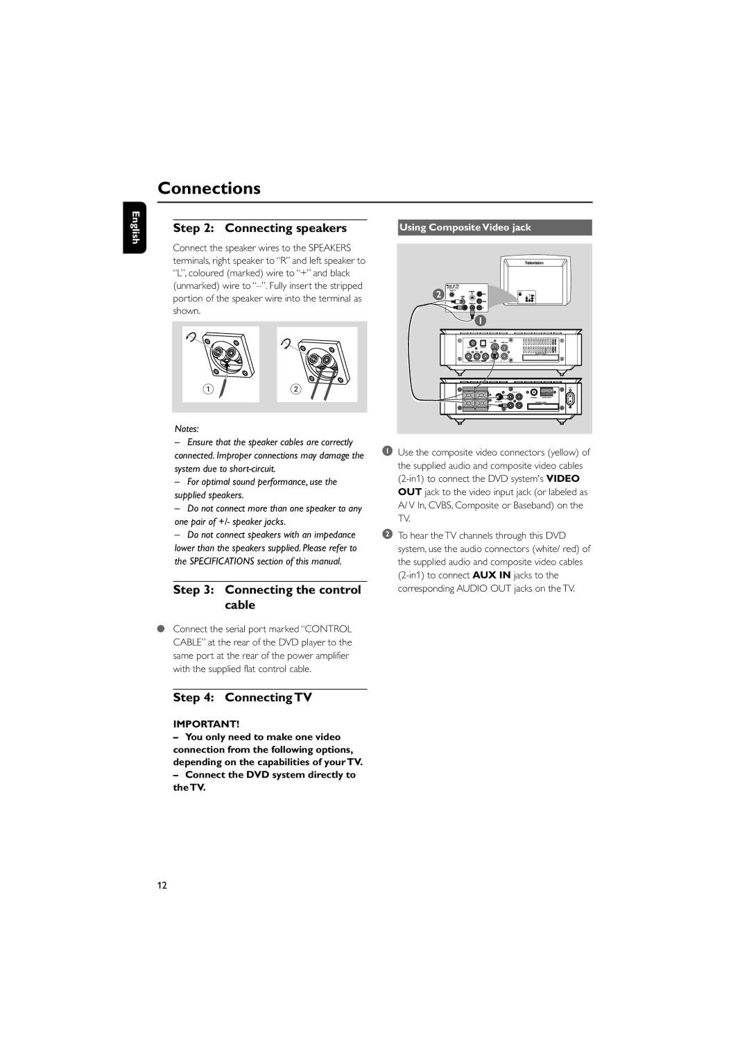 Philips MCD708 owner manual Connecting speakers, Connecting the control cable, Connecting TV, Using Composite Video jack 