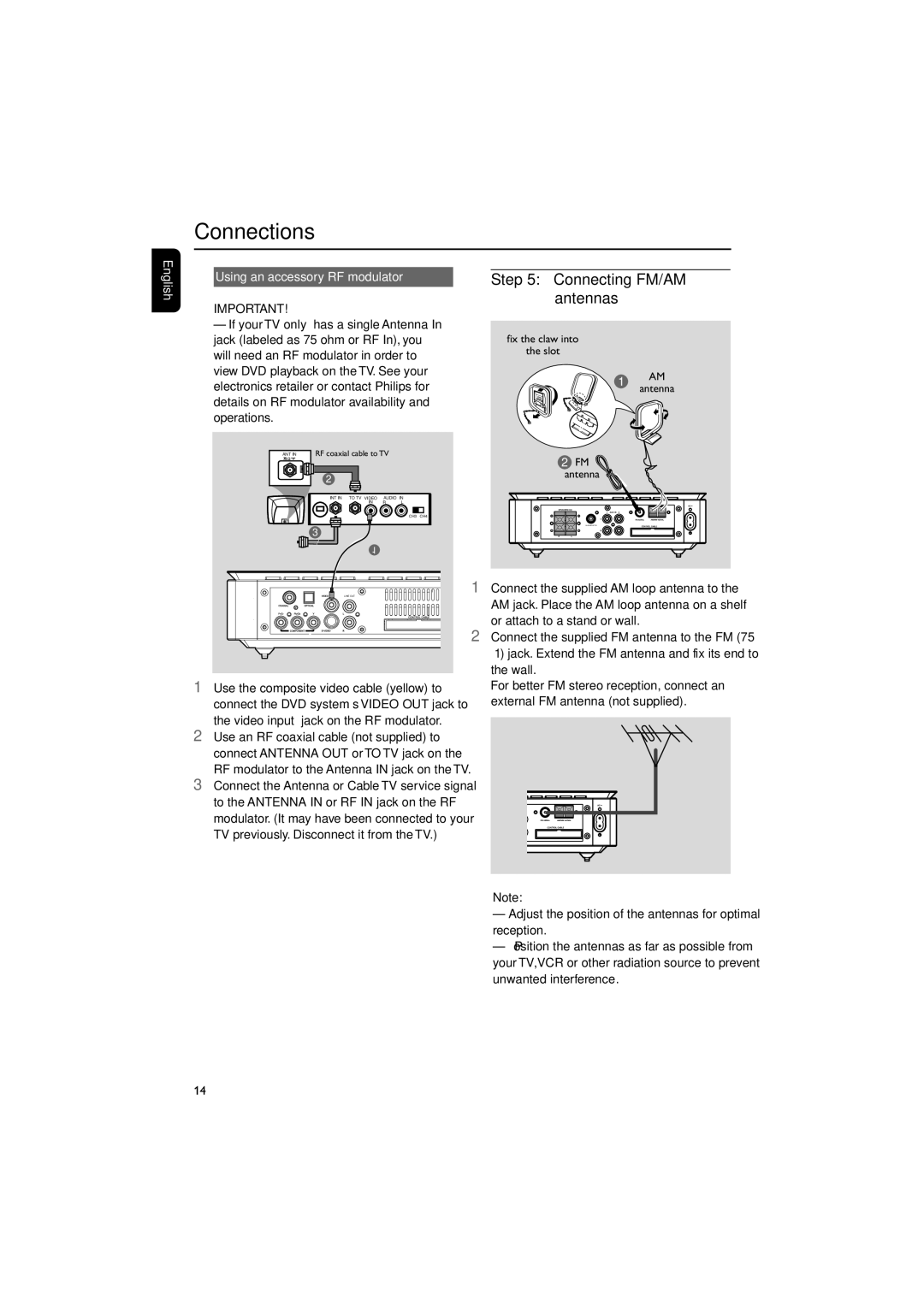 Philips MCD708 Connecting FM/AM antennas, English Using an accessory RF modulator, Use an RF coaxial cable not supplied to 