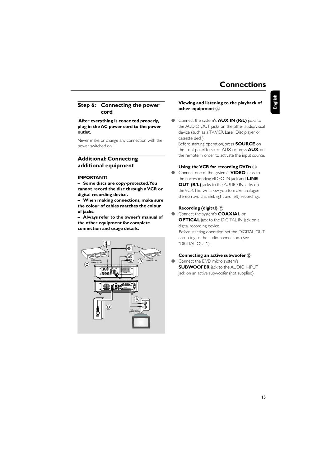 Philips MCD708 owner manual Connecting the power cord, Additional Connecting additional equipment 