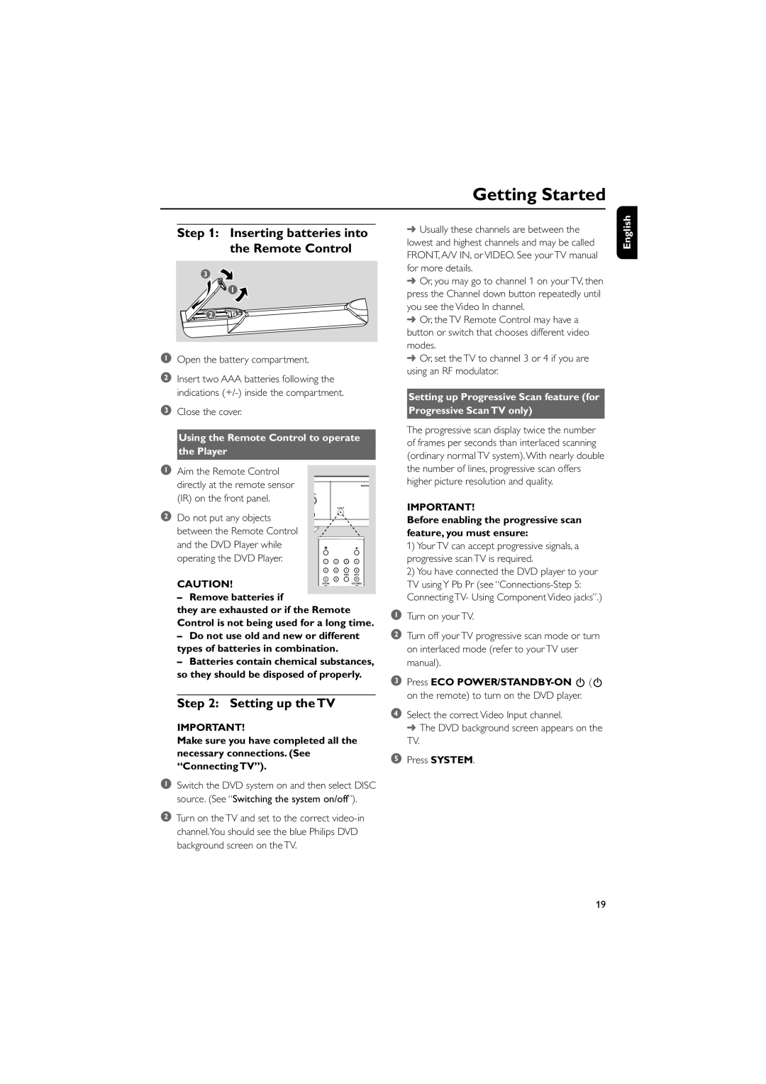 Philips MCD708 Getting Started, Inserting batteries into the Remote Control, Setting up the TV, Remove batteries if 