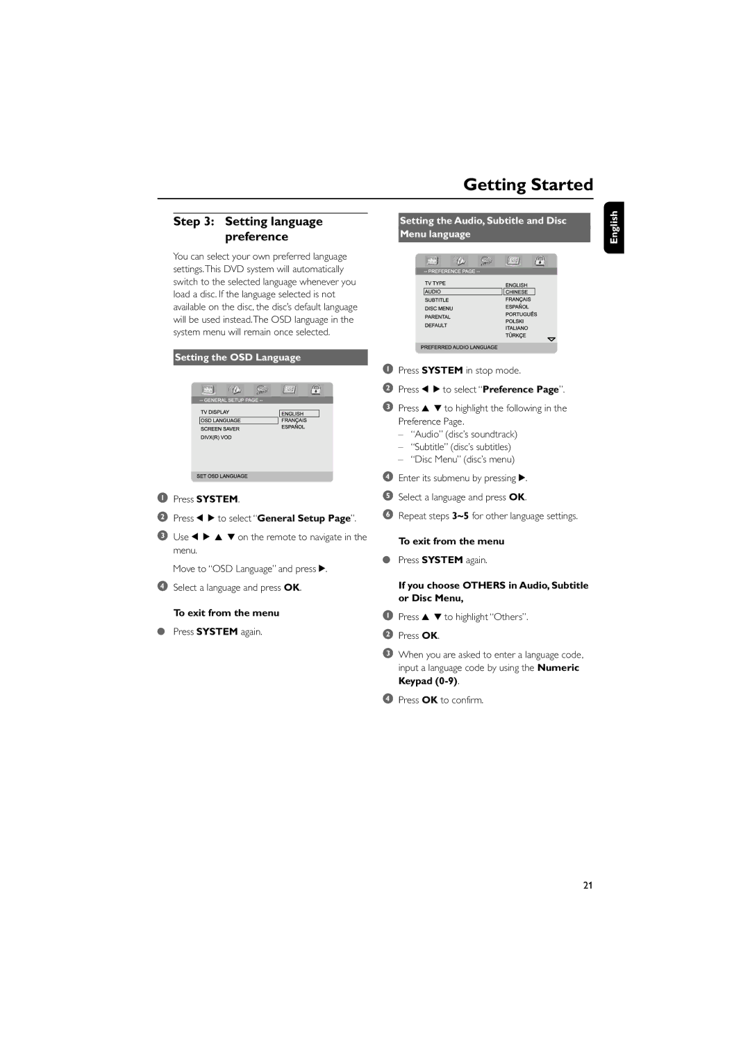 Philips MCD708 owner manual Setting language preference, Setting the OSD Language, To exit from the menu 