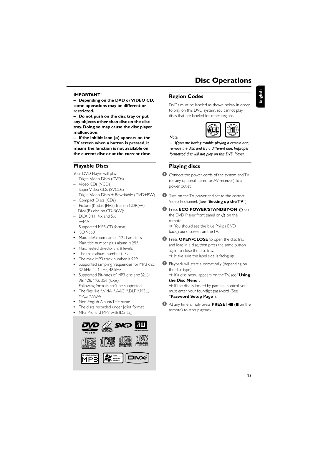 Philips MCD708 owner manual Disc Operations, Region Codes, Playable Discs, Playing discs, Supported MP3-CD format ISO 