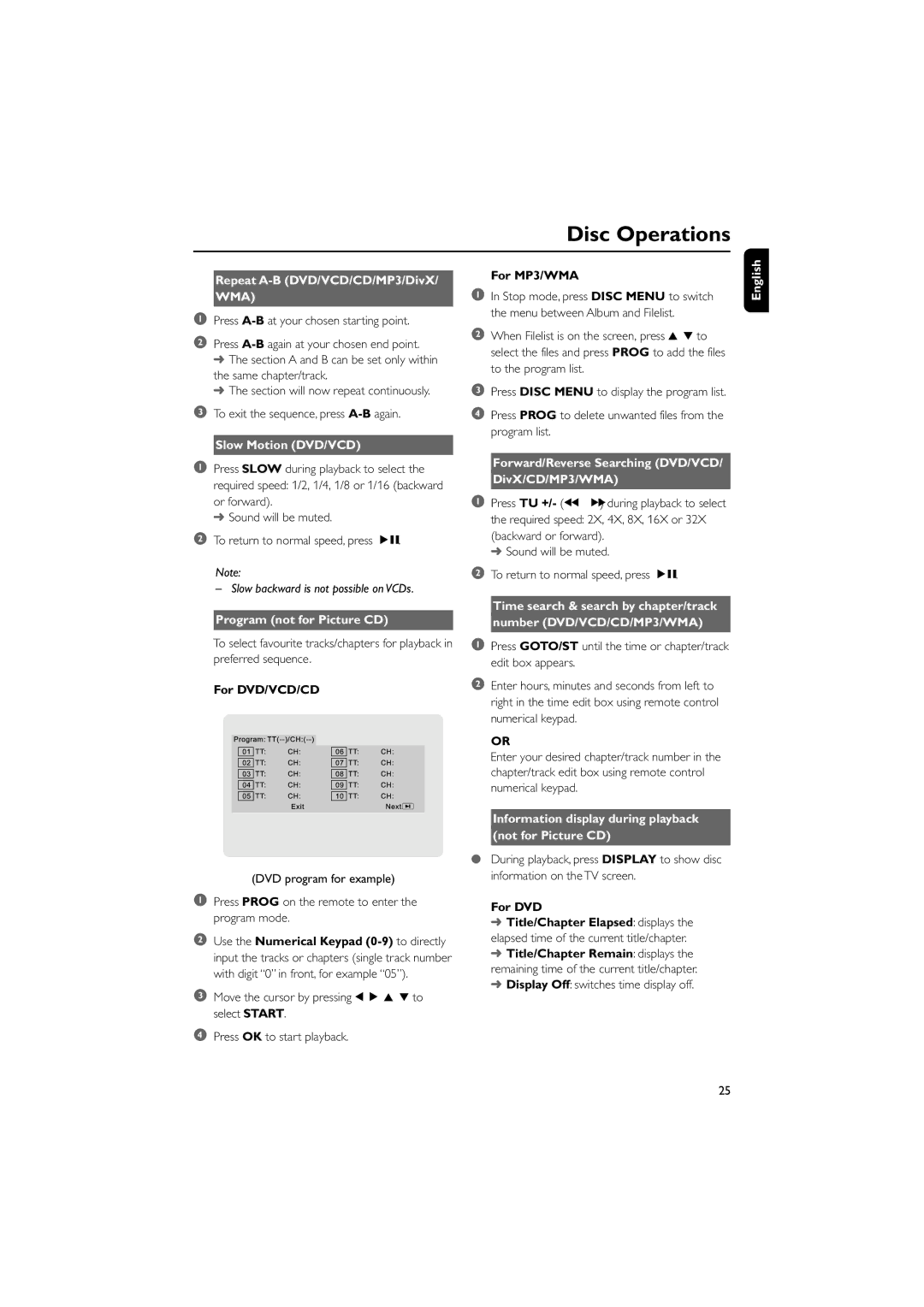 Philips MCD708 owner manual Repeat A-B DVD/VCD/CD/MP3/DivX, Slow Motion DVD/VCD, Program not for Picture CD 