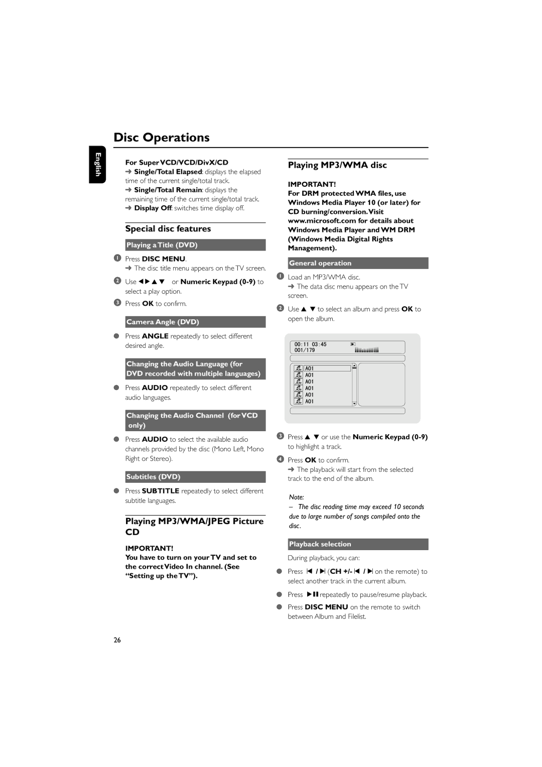 Philips MCD708 owner manual Special disc features, Playing MP3/WMA/JPEG Picture, Playing MP3/WMA disc 