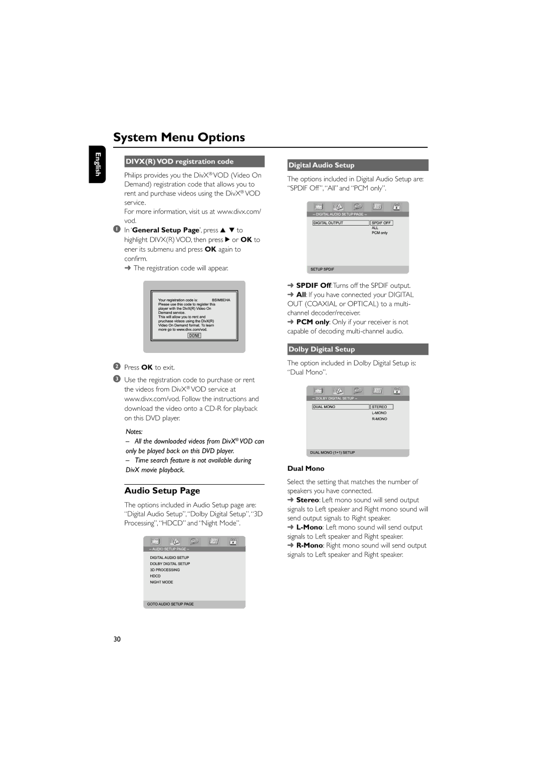 Philips MCD708 owner manual Audio Setup, Divxr VOD registration code, Dolby Digital Setup, Dual Mono 