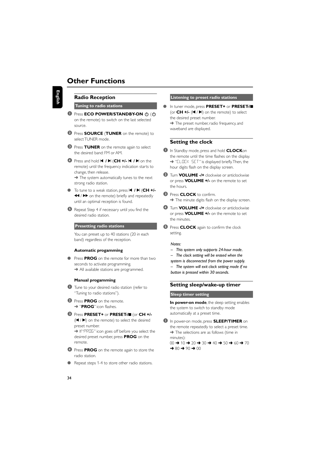 Philips MCD708 owner manual Other Functions, Radio Reception, Setting the clock, Setting sleep/wake-up timer 