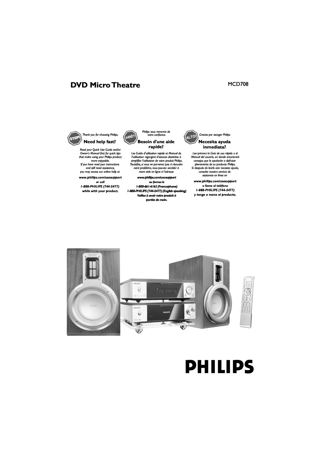 Philips MCD708 owner manual DVD Micro Theatre, Necesita ayuda inmediata?, Need help fast?, Besoin dune aide, rapide? 