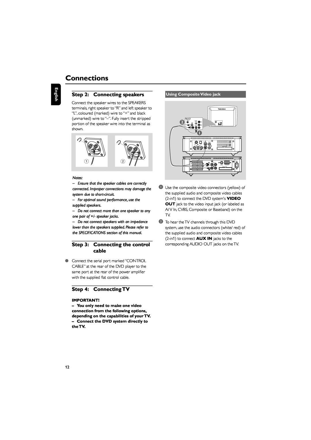 Philips MCD708 owner manual Connecting speakers, Connecting the control cable, Connecting TV, Connections, English 