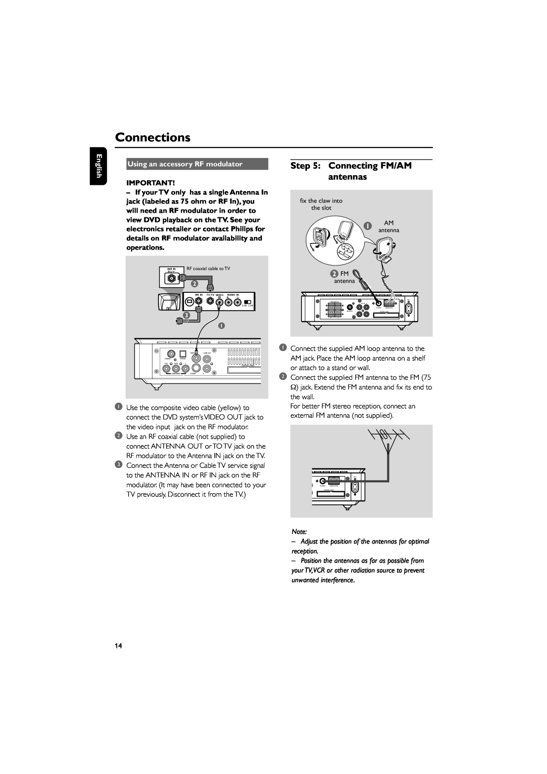 Philips MCD708 owner manual Connecting FM/AM antennas, Connections, English, Using an accessory RF modulator 