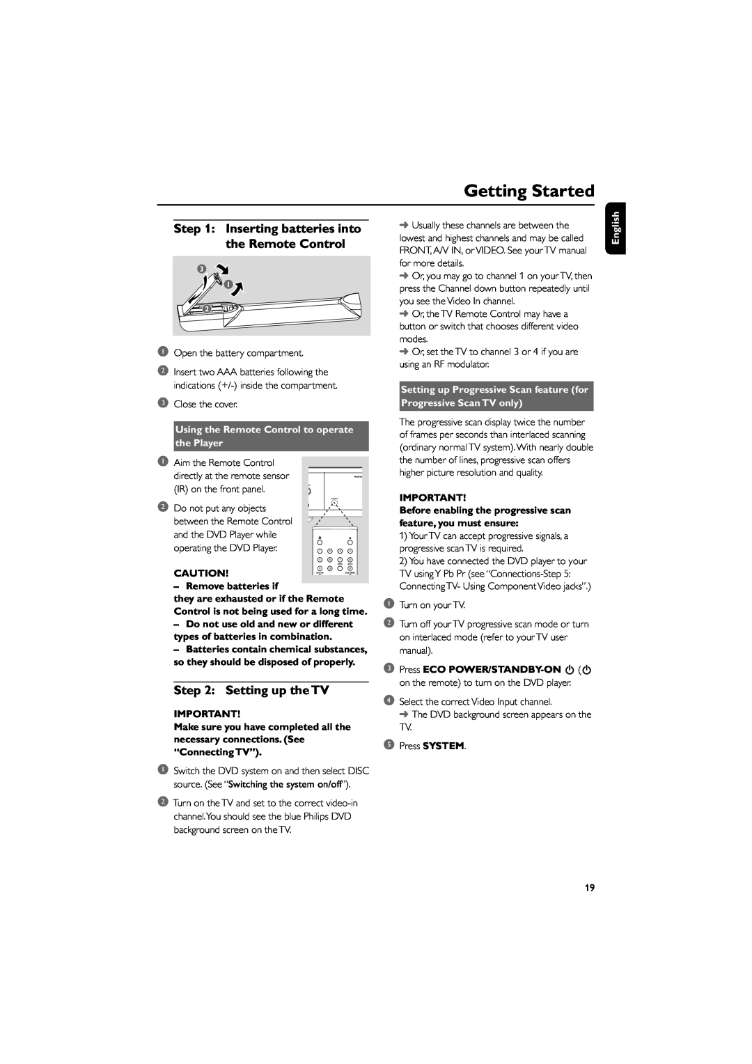 Philips MCD708 owner manual Getting Started, Inserting batteries into the Remote Control, Setting up the TV, English 
