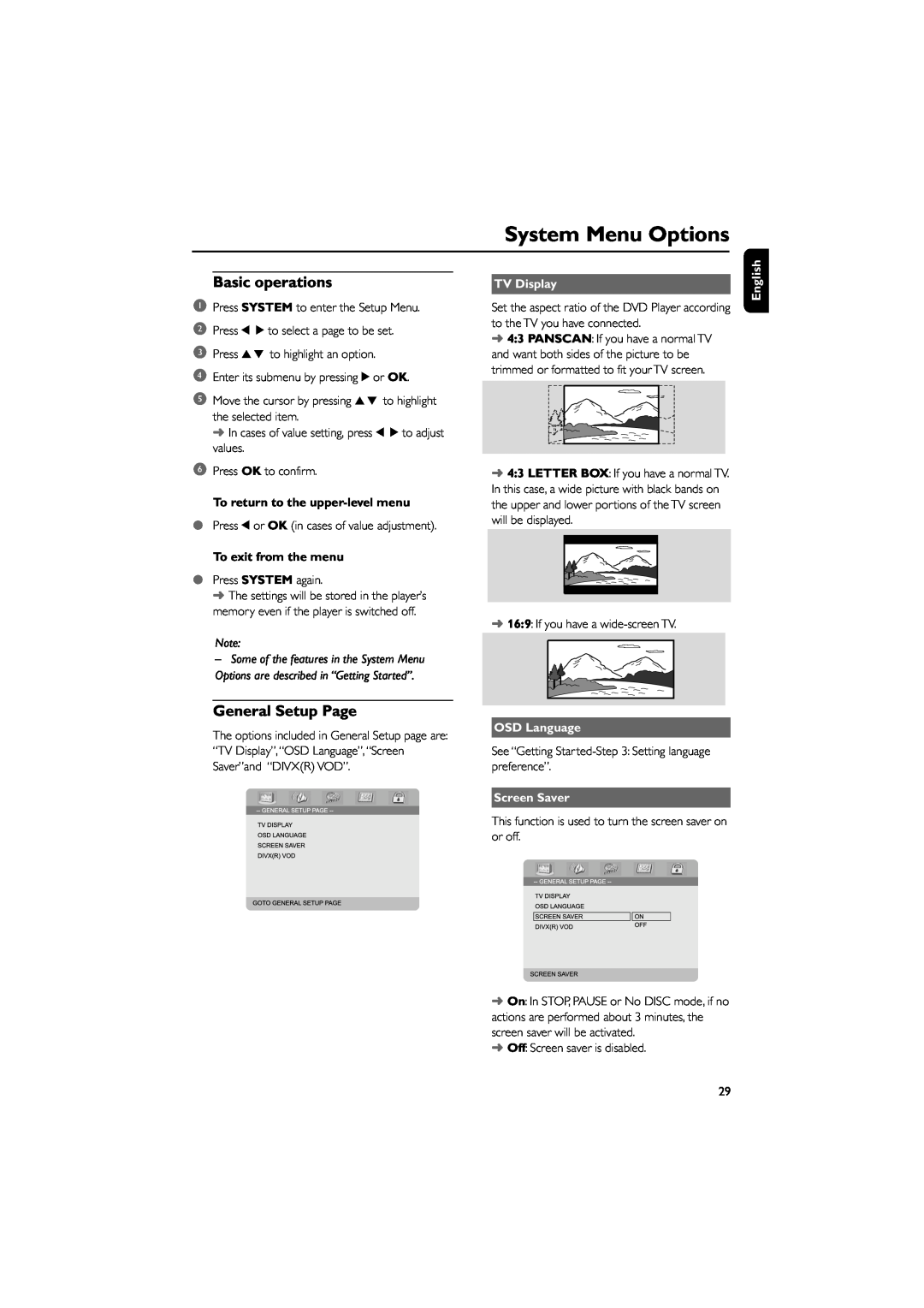 Philips MCD708 System Menu Options, Basic operations, General Setup Page, To return to the upper-level menu, TV Display 