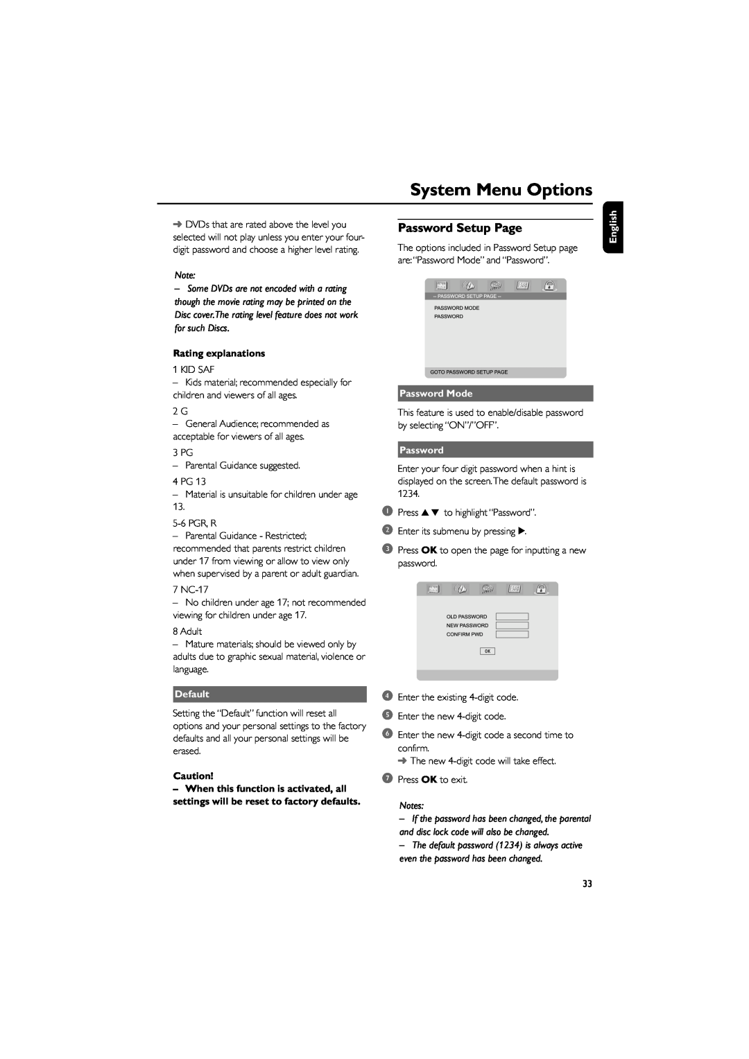 Philips MCD708 owner manual Password Setup Page, System Menu Options, Rating explanations, Default, Password Mode, English 
