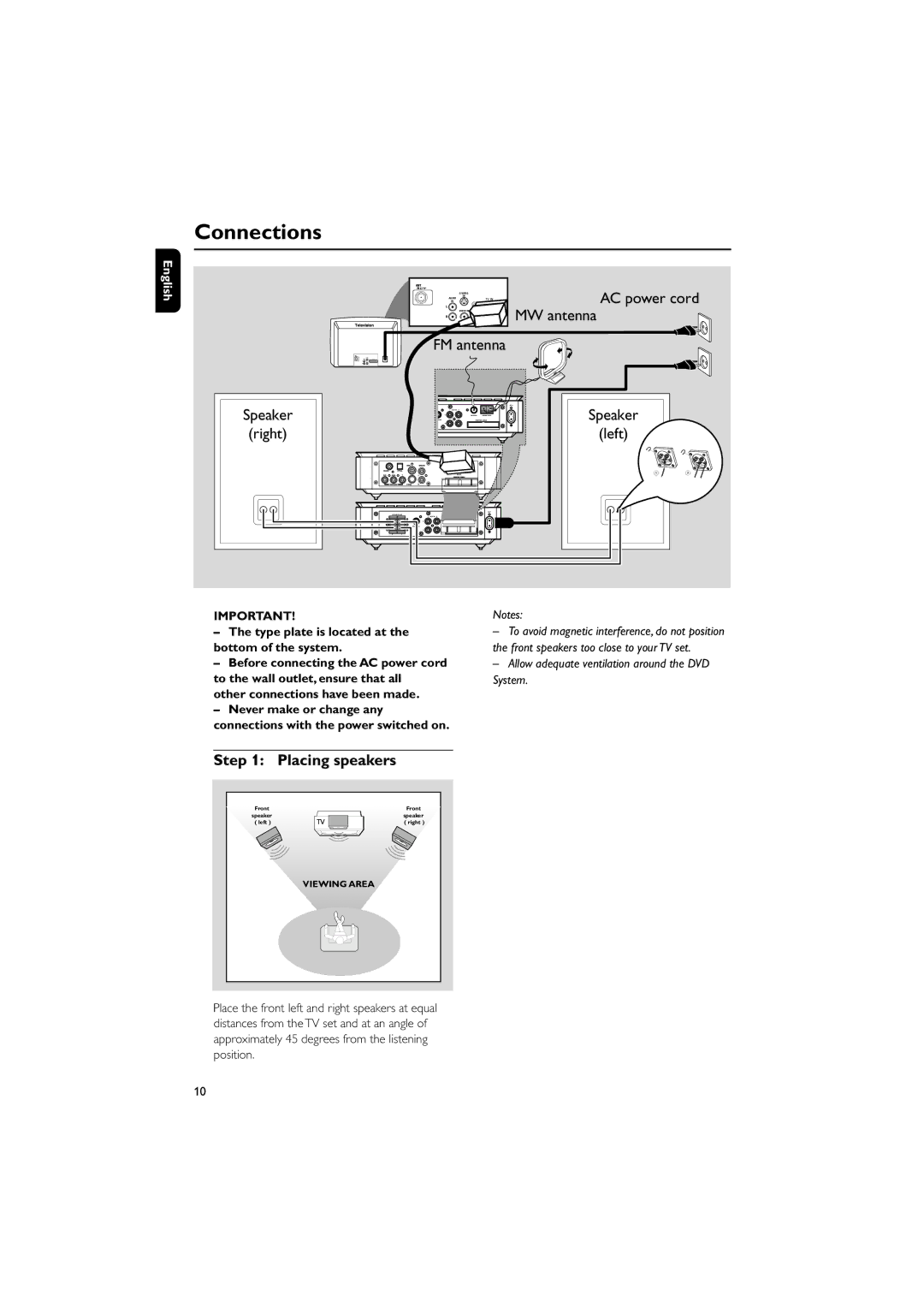 Philips MCD708/58 user manual Connections, Step, Speaker, Type plate is located at the bottom of the system 