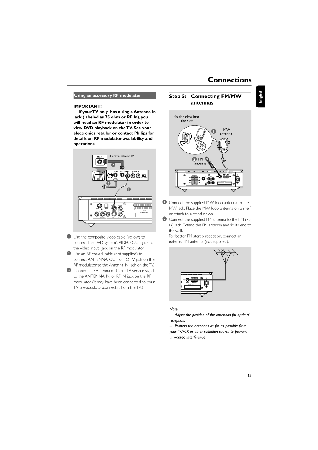 Philips MCD708/58 Connecting FM/MW antennas, Using an accessory RF modulator, Use an RF coaxial cable not supplied to 