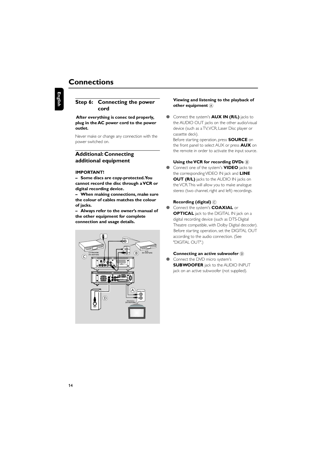 Philips MCD708/58 user manual Connecting the power cord, Additional Connecting additional equipment 