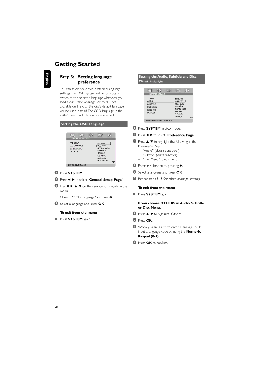 Philips MCD708/58 user manual Setting language preference, Setting the OSD Language, To exit from the menu 