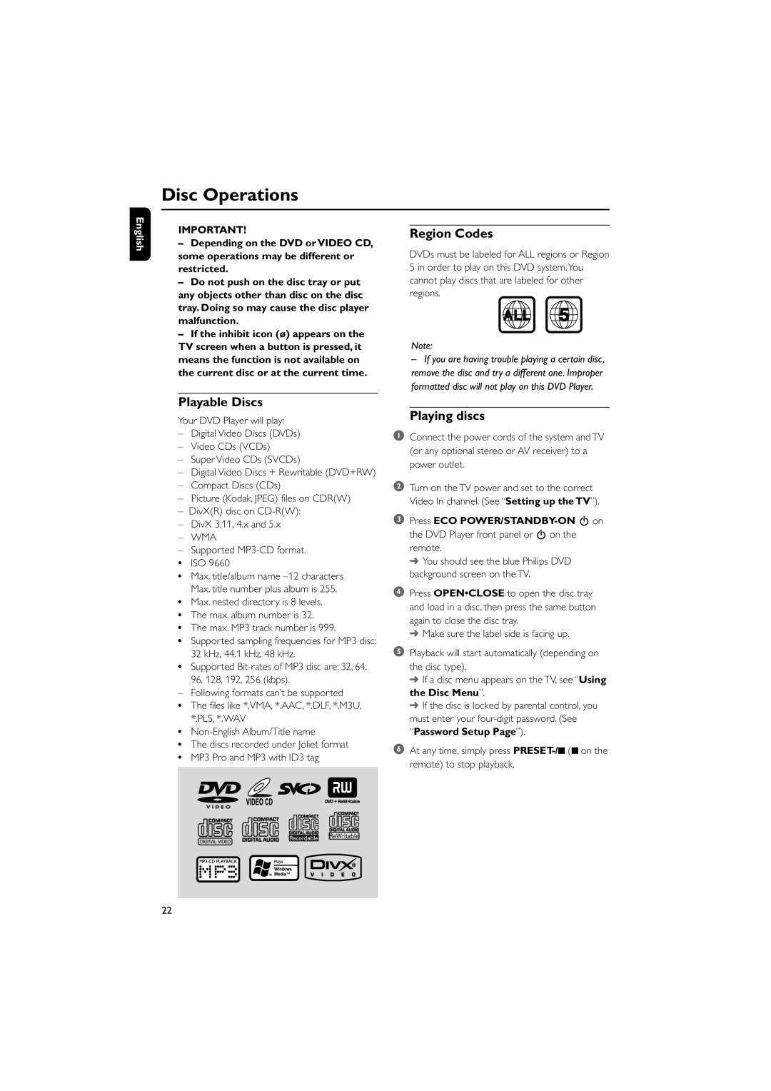 Philips MCD708/58 user manual Disc Operations, Playable Discs, Region Codes, Playing discs, Supported MP3-CD format ISO 