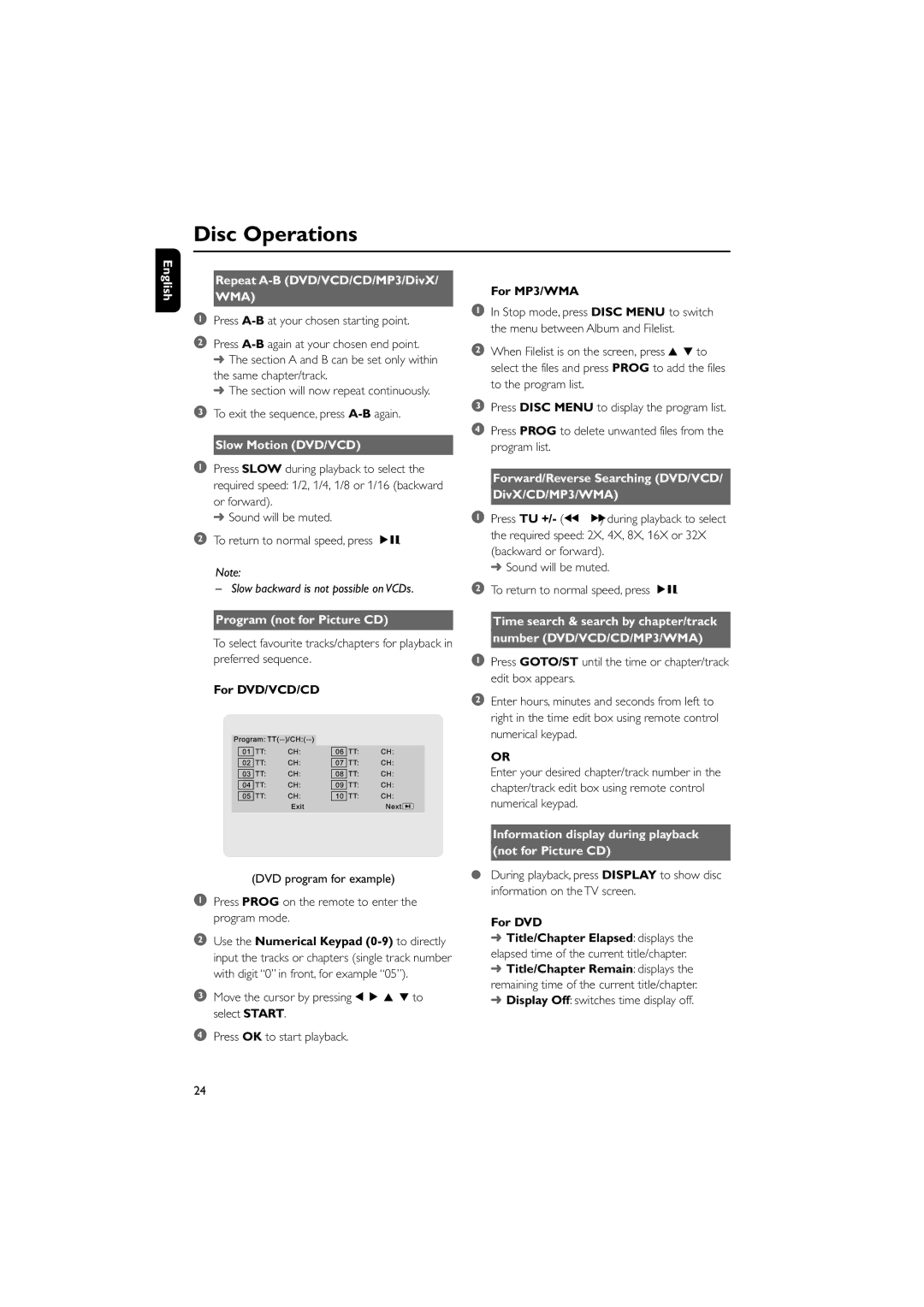 Philips MCD708/58 user manual English Repeat A-B DVD/VCD/CD/MP3/DivX, Slow Motion DVD/VCD, Program not for Picture CD 