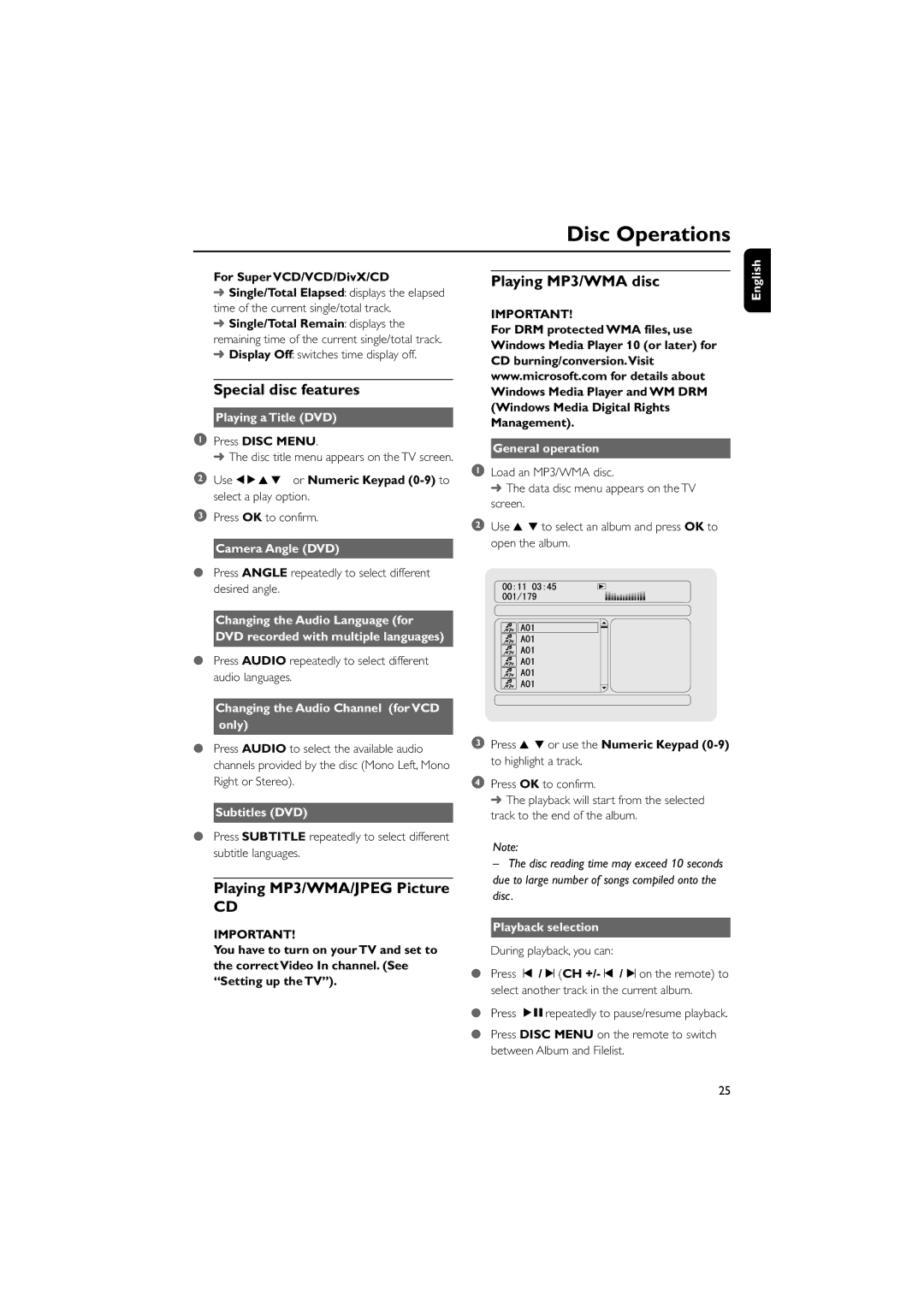 Philips MCD708/58 user manual Special disc features, Playing MP3/WMA/JPEG Picture, Playing MP3/WMA disc 