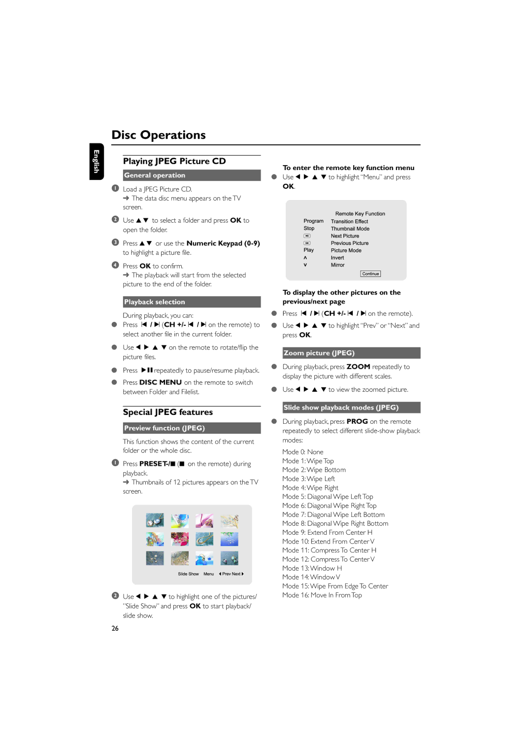 Philips MCD708/58 user manual Playing Jpeg Picture CD, Special Jpeg features, Preview function Jpeg, Zoom picture Jpeg 